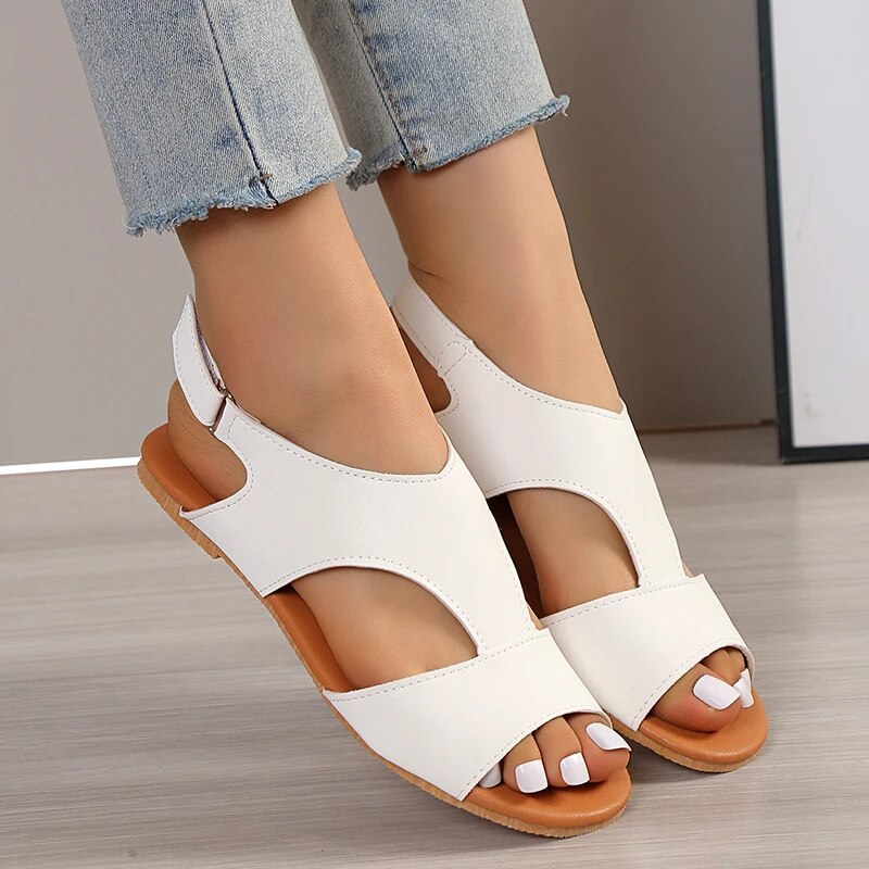 Women's Flat T-Strap Sandals – White Black Brown Faux Leather, Adjustable Ankle Strap, Modern Casual Style-82727-06636c41-286d-4cf5-b129-049a36c07d70