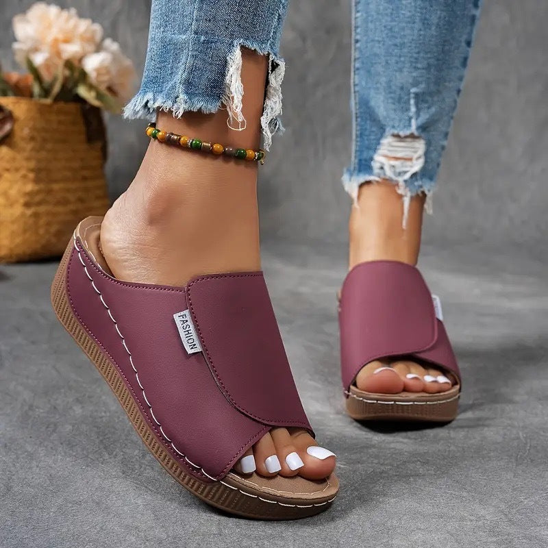 Women's Slip-On Wedge Sandals – Wide Strap, Contoured Footbed, Synthetic, Multi-Color-83190-0e34be8c-bf26-4361-9a3f-4867e22fe3ab