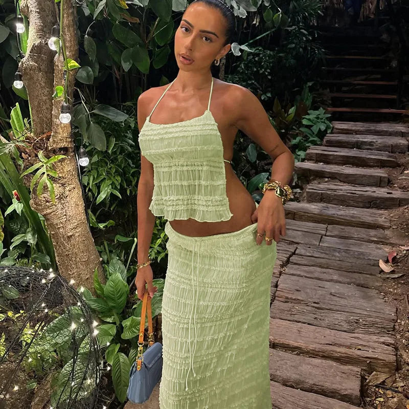 Women's Two-Piece Outfit – Gathered Halter Top, Midi Skirt, Drawstring Waist-83709-1a8d634d-78d1-4e40-b513-8f417dbed9c3