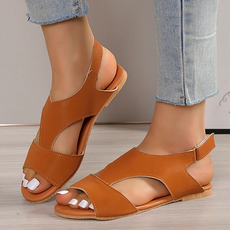 Women's Flat T-Strap Sandals – White Black Brown Faux Leather, Adjustable Ankle Strap, Modern Casual Style-82727-24195186-12ef-4bba-87f4-50d5112ade34
