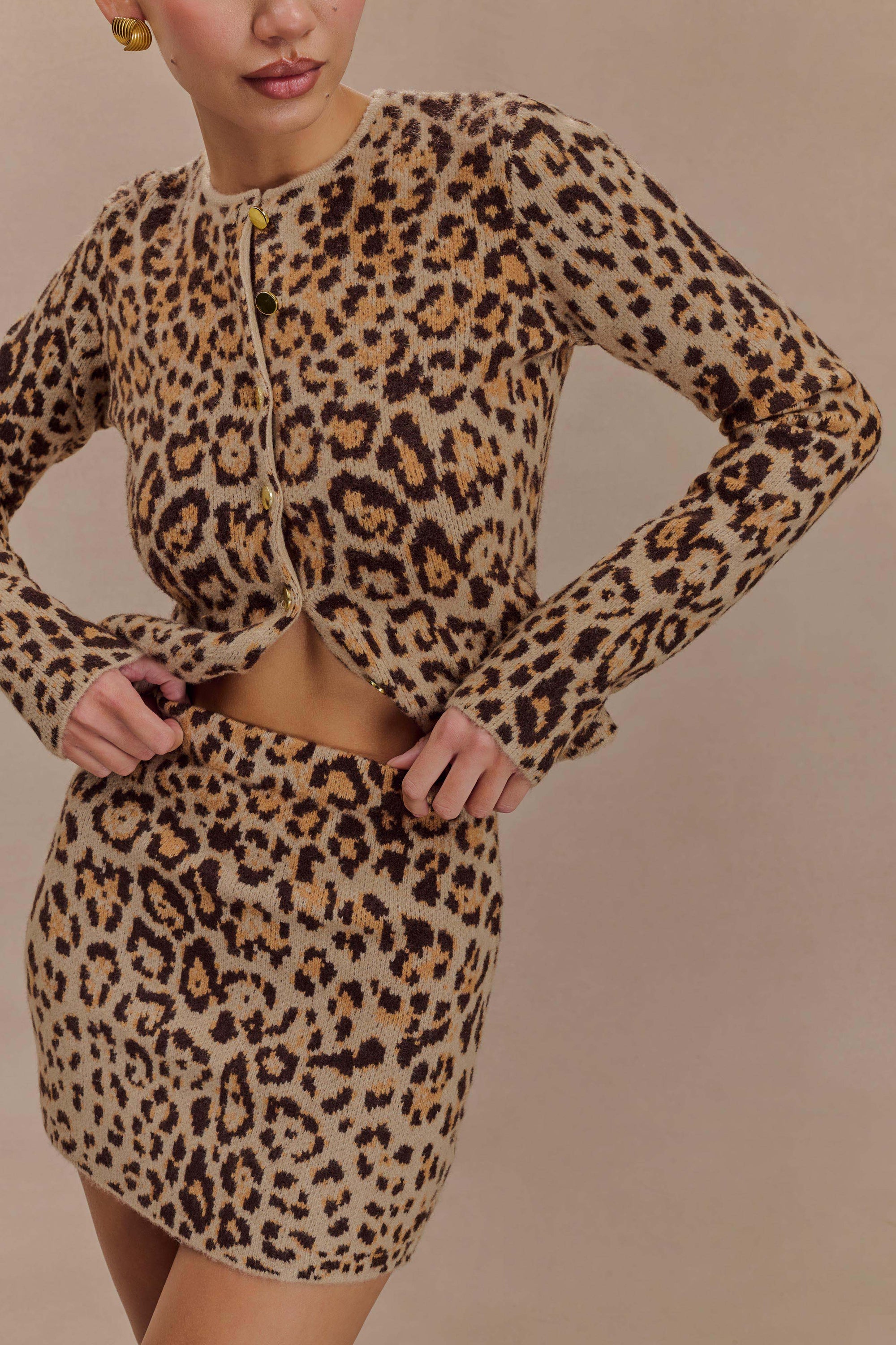 Women's Brown Knit Leopard Print Cardigan & Mini Skirt Set with Gold Buttons-79990-2fd720c5-0327-48e4-b6ad-a4fd1d213e28