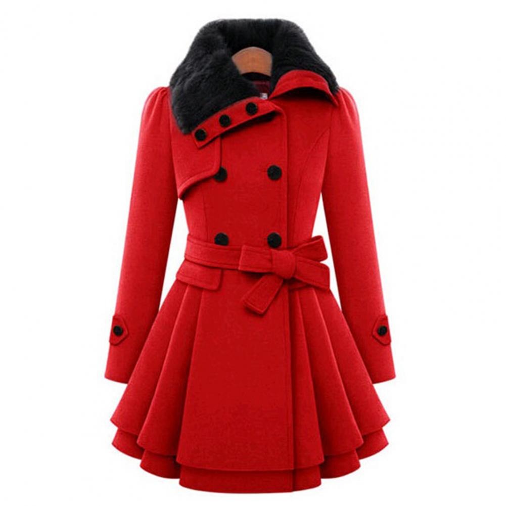 Women's Double-Breasted Faux Fur Collar Belted Flared Coat, Elegant Style-82347-308009fd-ca1f-4787-8ddf-947150d692c4
