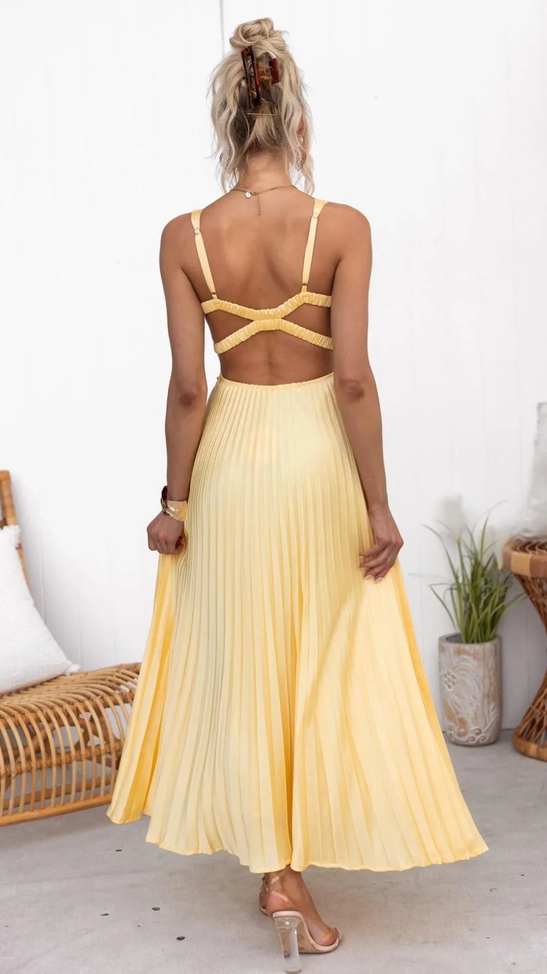 Women's Yellow Pleated Maxi Dress – V-Neck, Thin Straps, Lightweight-83170-497f0c0d-b9d1-4fa7-aeaa-bff0a43b2028