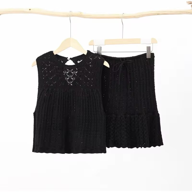 Women's Open-Knit Two-Piece Set - Sleeveless Top, A-Line Skirt, Drawstring Waist, Bohemian Style-81510-4f3a46d9-2e01-4332-9b50-ee0044ecad7e