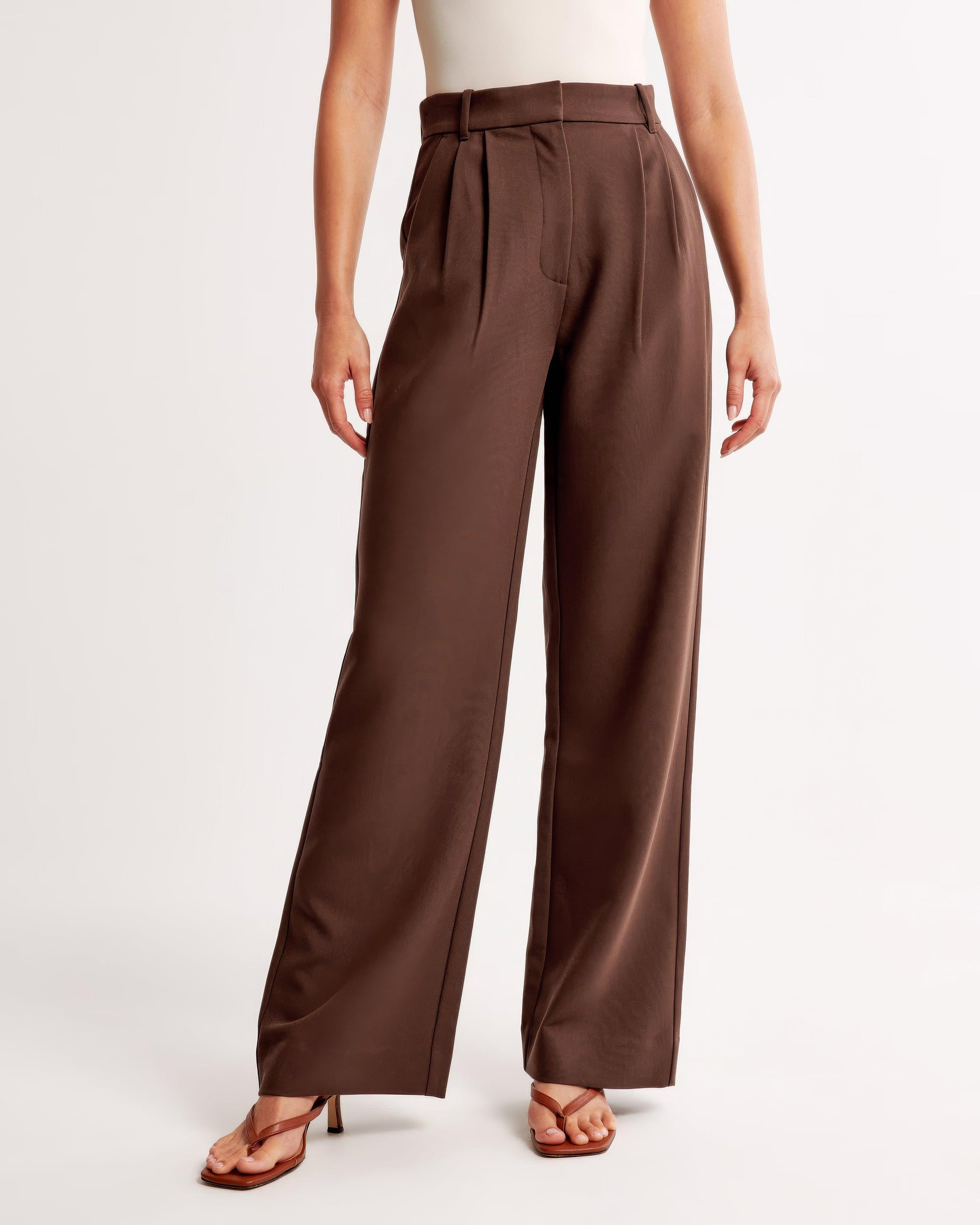 Women's High-Waisted Wide-Leg Pleated Trousers - Smooth Fabric, Modern Minimalist Style-83175-5c15a618-2d54-4d4a-87ef-d93ac49f725c