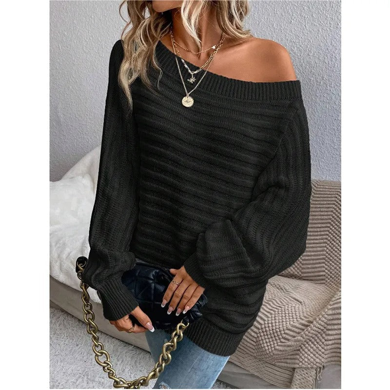Women's Off-Shoulder Dress – Ribbed Knit Long Sleeve-74368-79250a3d-0994-4f43-89e0-b531b5e99870