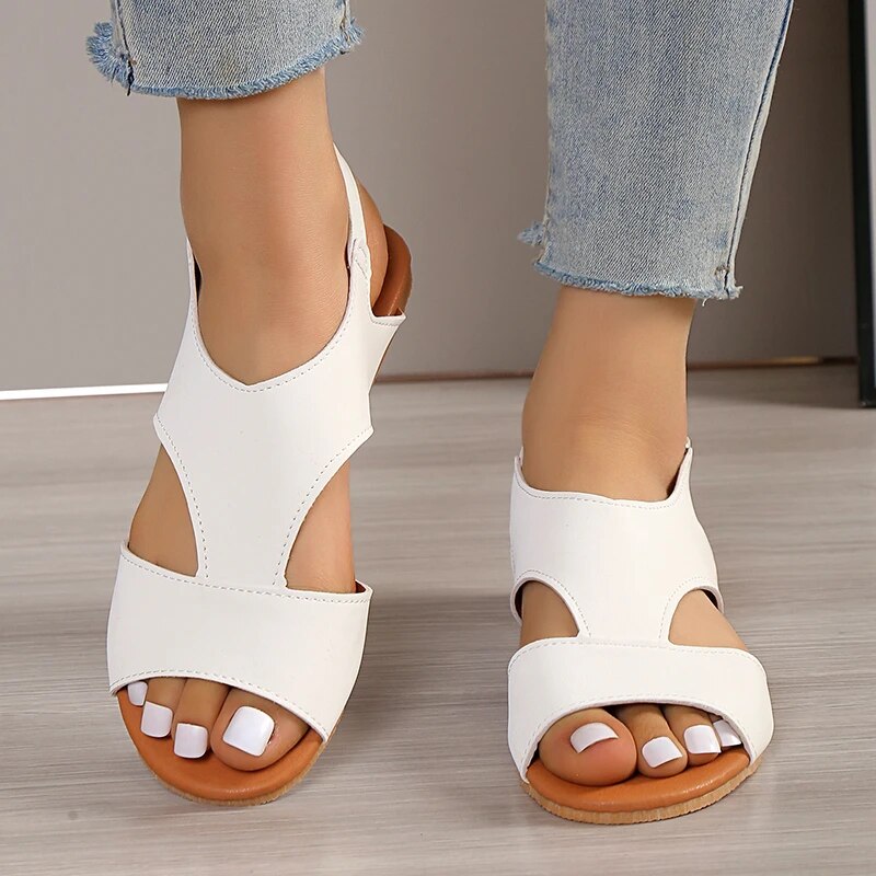 Women's Flat T-Strap Sandals – White Black Brown Faux Leather, Adjustable Ankle Strap, Modern Casual Style-82727-7d367232-6aca-49ff-af00-c0e0c501c27c