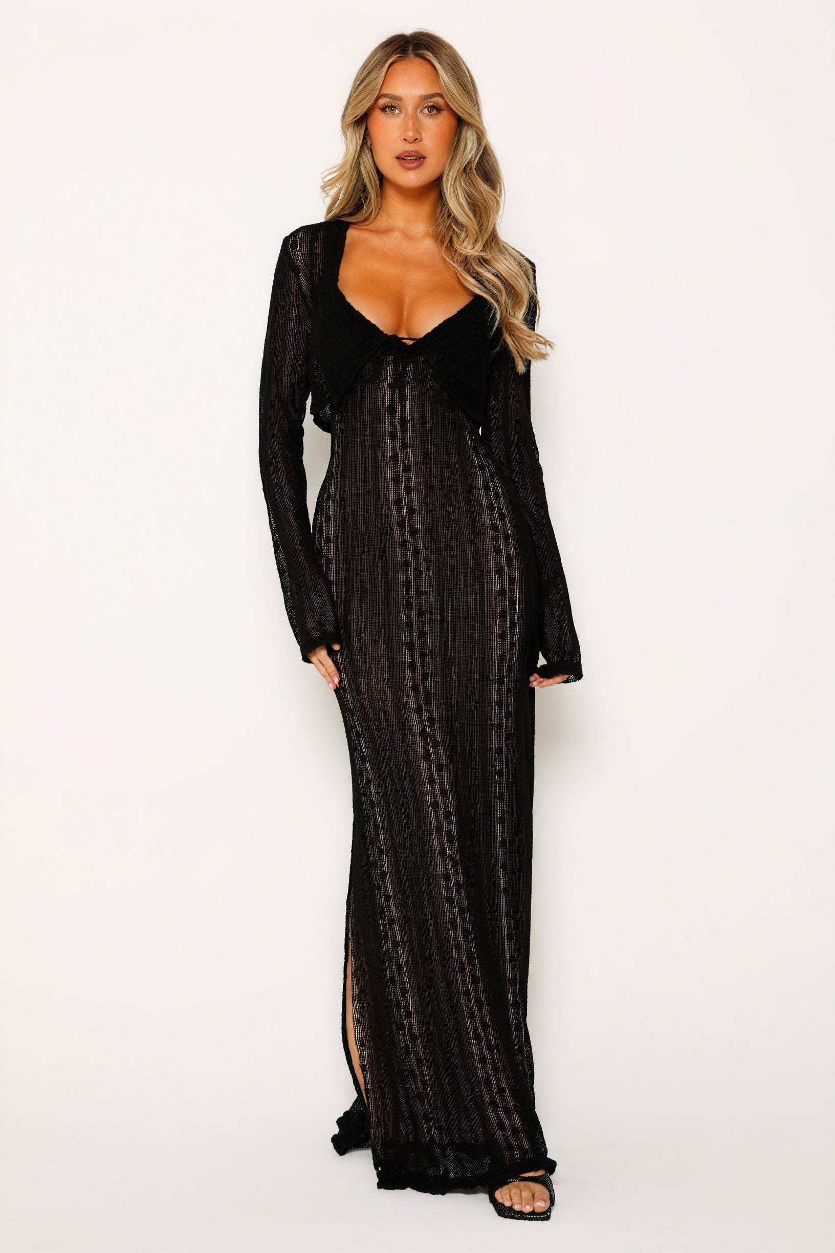 Women's Sheer Maxi Dress – Bolero, V-Neck, Lace, Striped, Black/White-80915-de755c6b-6575-42fc-833c-5cdcc509b598