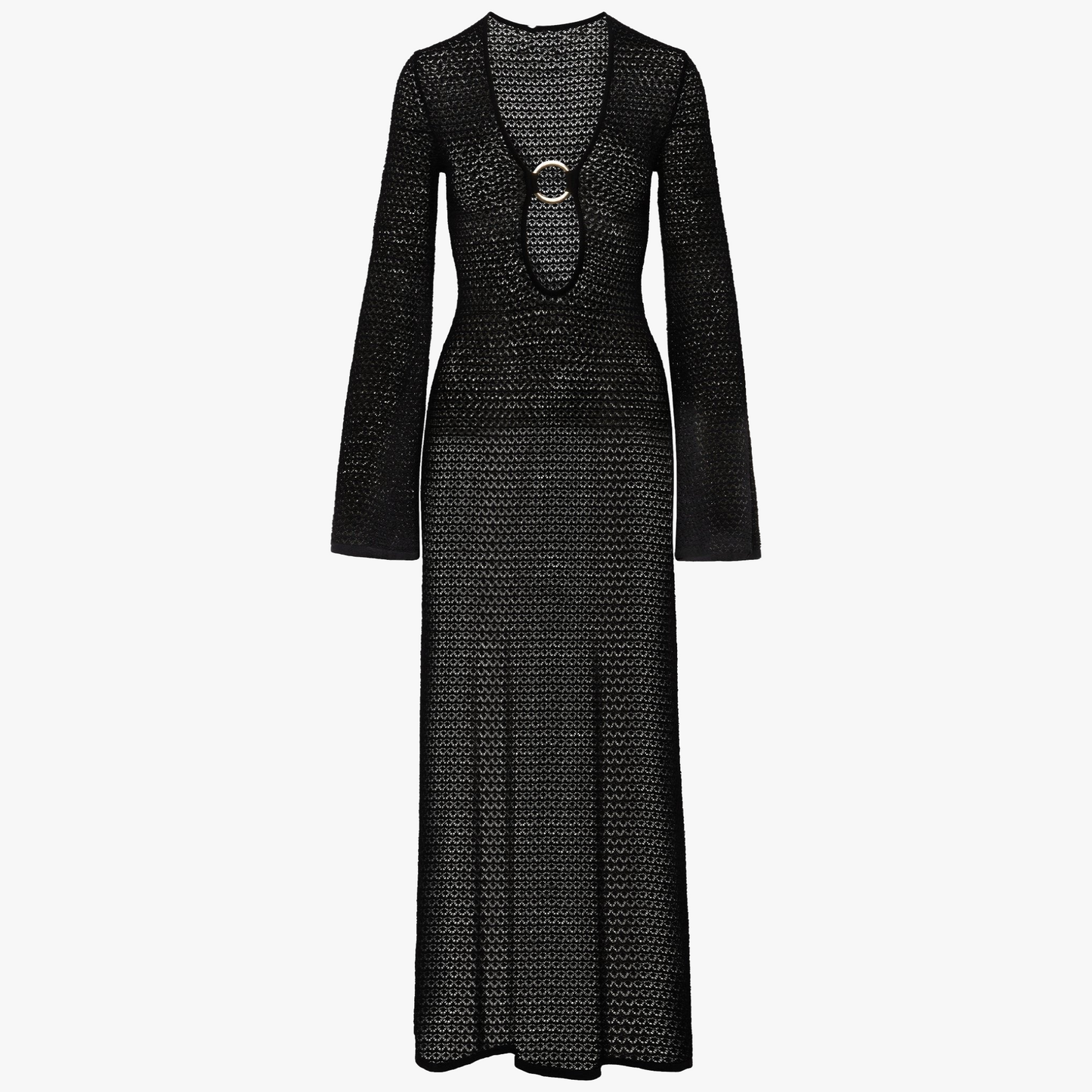 Women's Sheer Knit Maxi Dress – Plunge Neck, Flared Sleeves, Slit, Beige/Black-80916-bf564d7e-6d5e-4b0e-af23-cbfcaeb88ec7