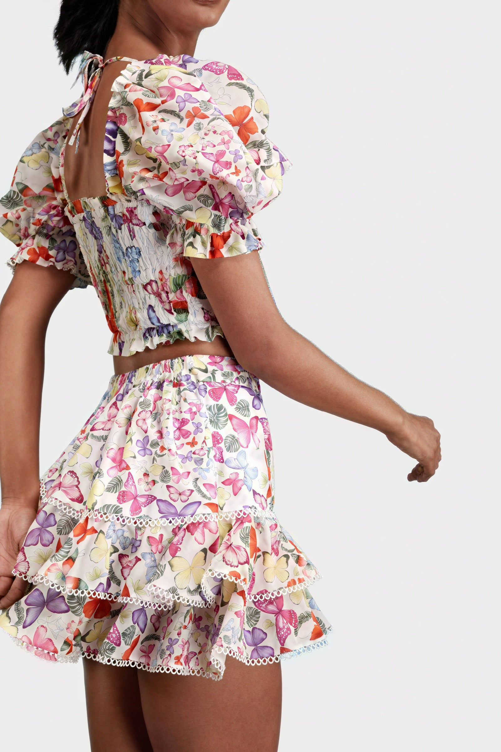 Women's Yellow Floral Cotton Blend Smocked Crop Top & Tiered Ruffled Skirt Set-80924-ea79c938-c875-4fe9-823a-4f234bad27f4