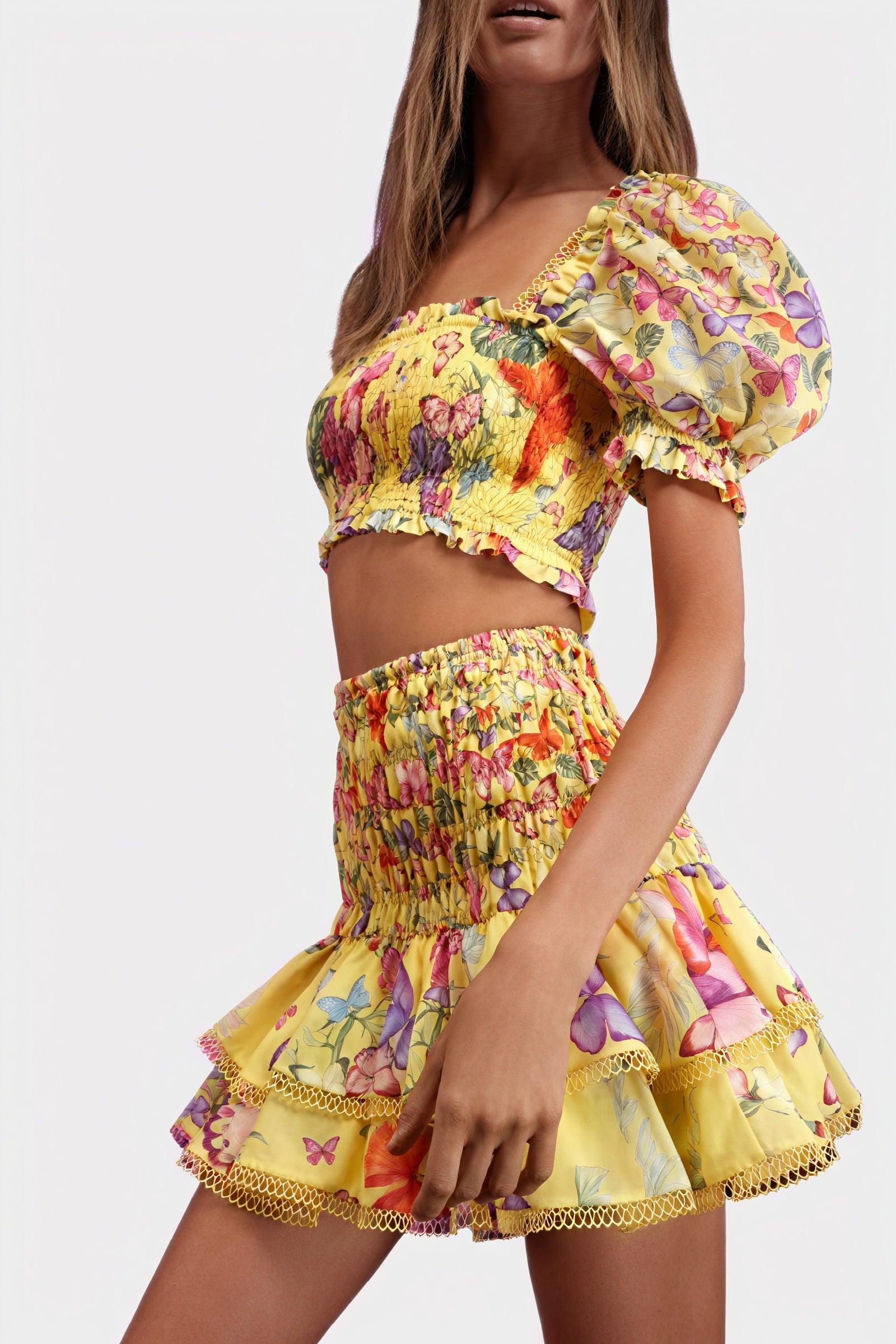 Women's Yellow Floral Cotton Blend Smocked Crop Top & Tiered Ruffled Skirt Set-80924-cd2e5db9-6d50-4039-b49d-e50752fe60b6