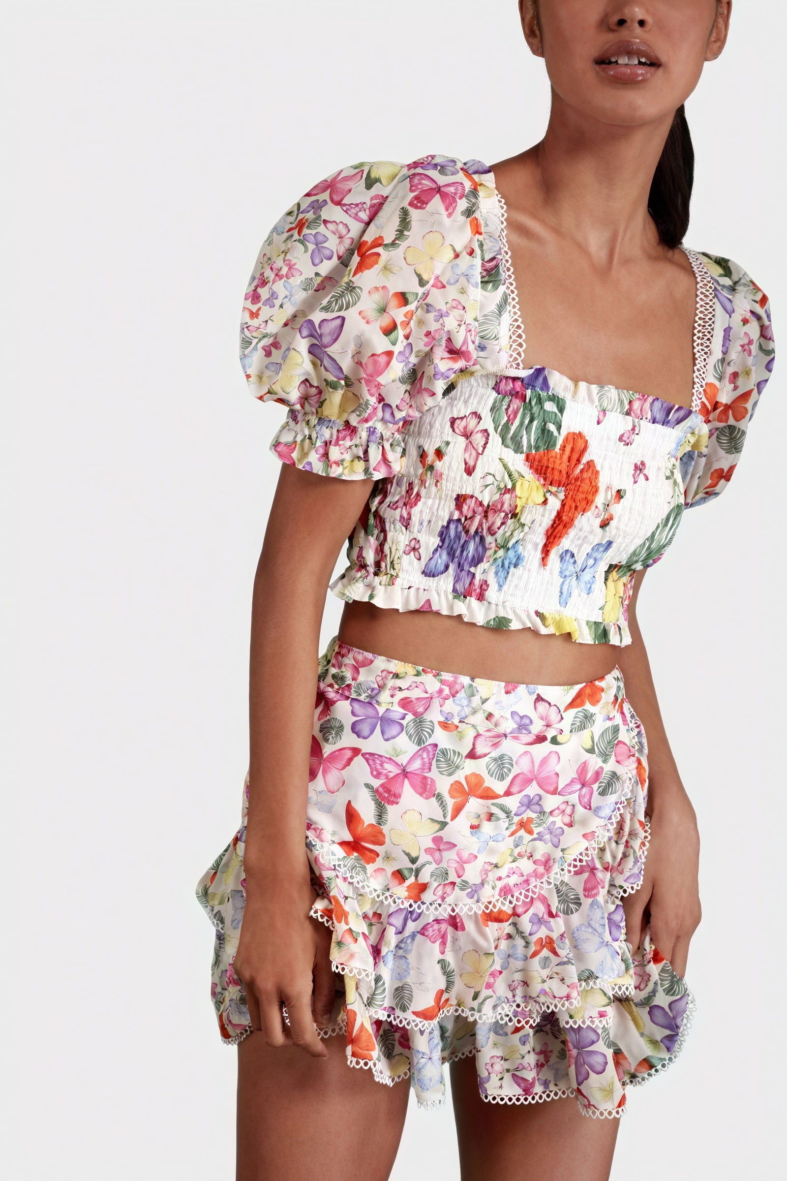 Women's Yellow Floral Cotton Blend Smocked Crop Top & Tiered Ruffled Skirt Set-80924-cfd84399-1640-458e-8e45-ce171de6db69