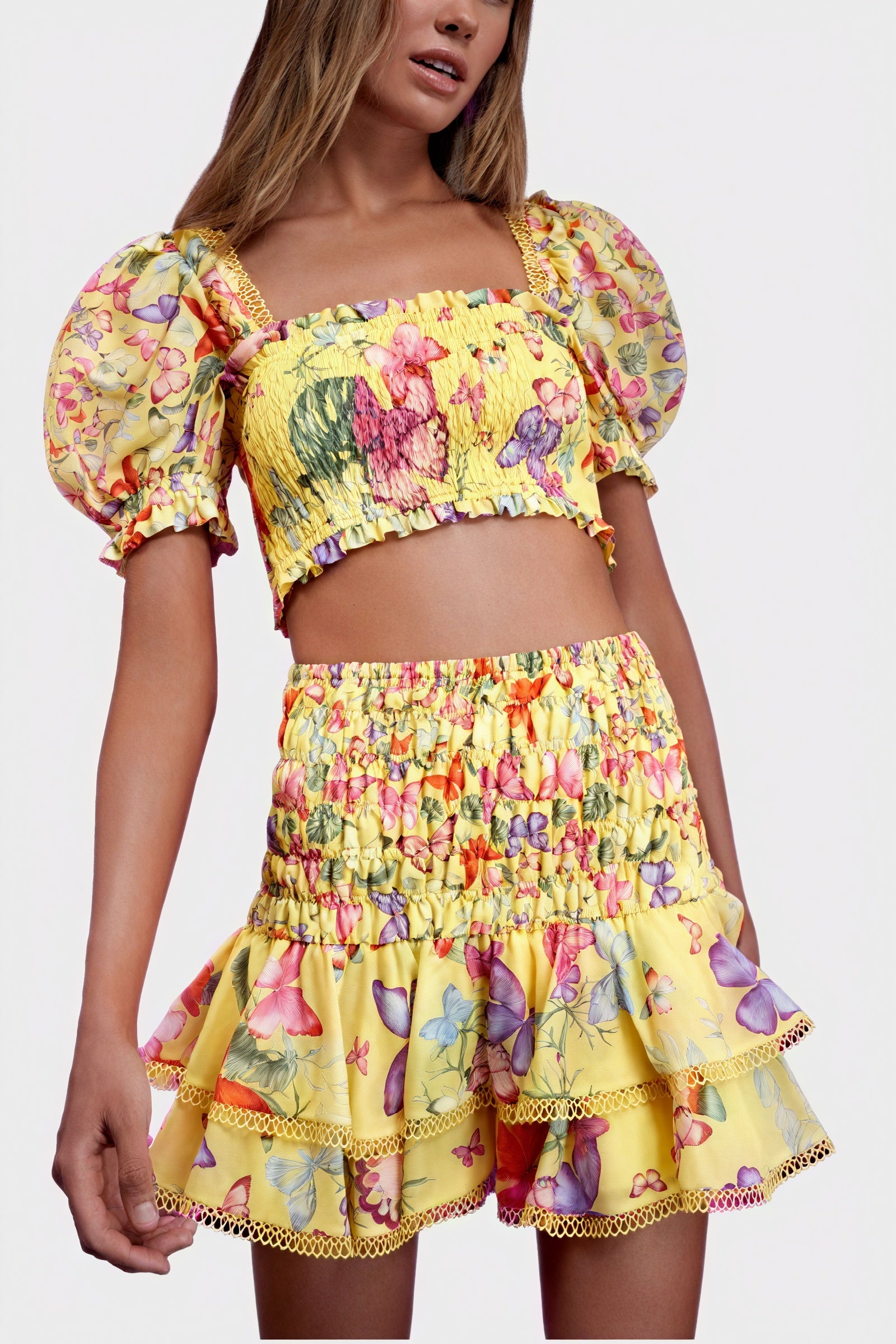 Women's Yellow Floral Cotton Blend Smocked Crop Top & Tiered Ruffled Skirt Set-80924-a6976676-1698-4a83-b2c7-acc5d68ca9f4