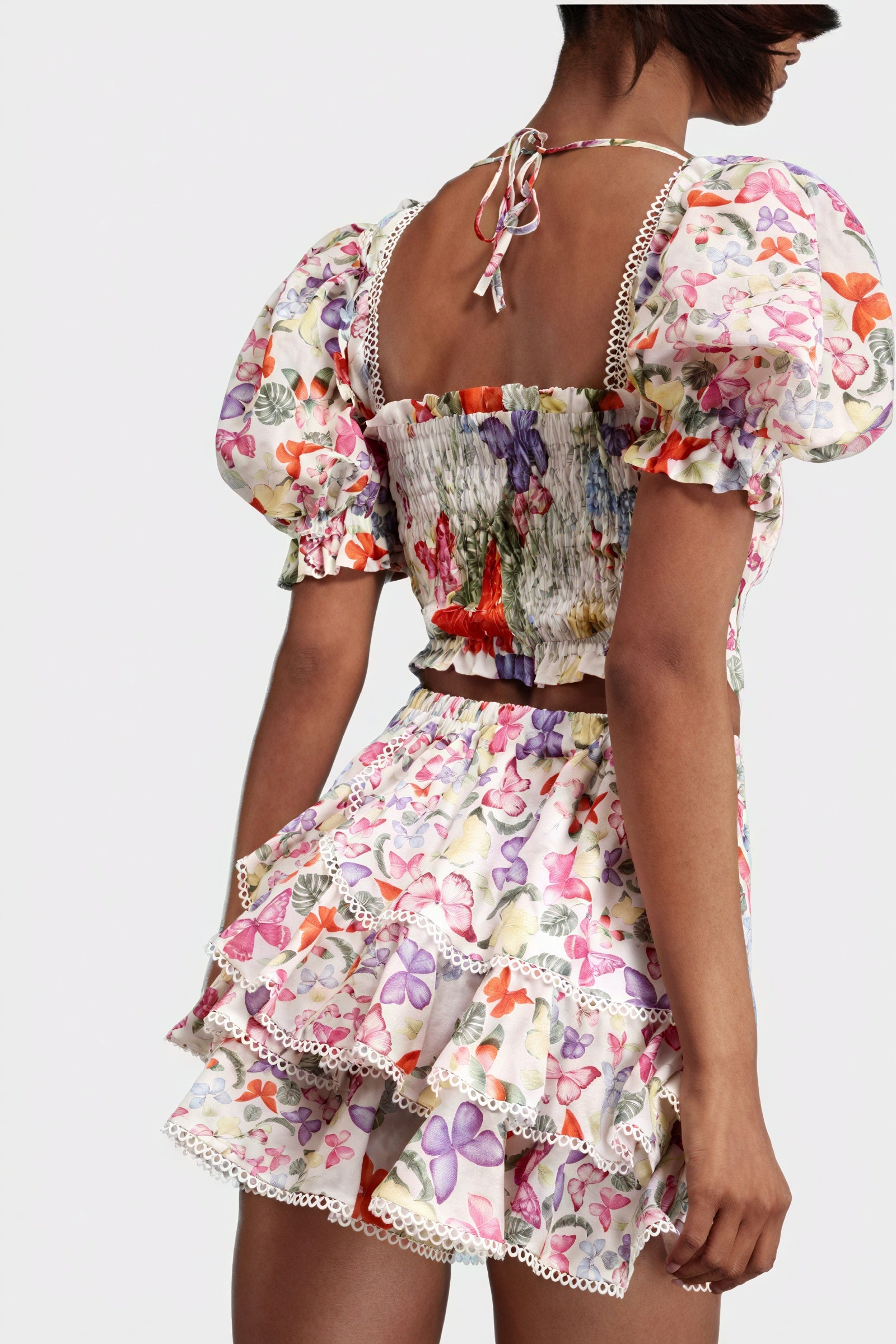 Women's Yellow Floral Cotton Blend Smocked Crop Top & Tiered Ruffled Skirt Set-80924-4f228f6f-0eba-4f47-b916-909fc71d8b57