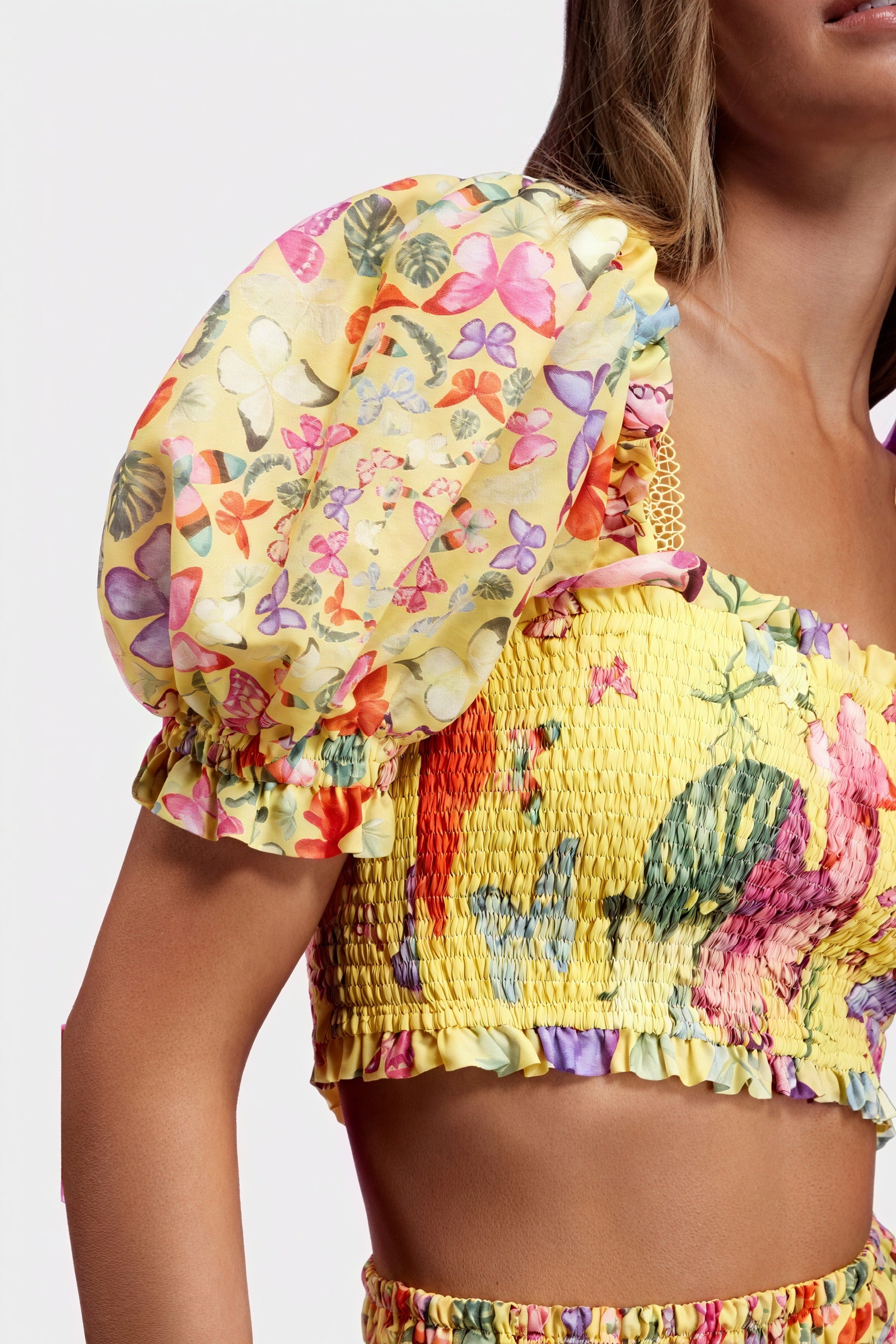 Women's Yellow Floral Cotton Blend Smocked Crop Top & Tiered Ruffled Skirt Set-80924-5e4e4c03-ae60-4763-a601-3a4c7ef865a4