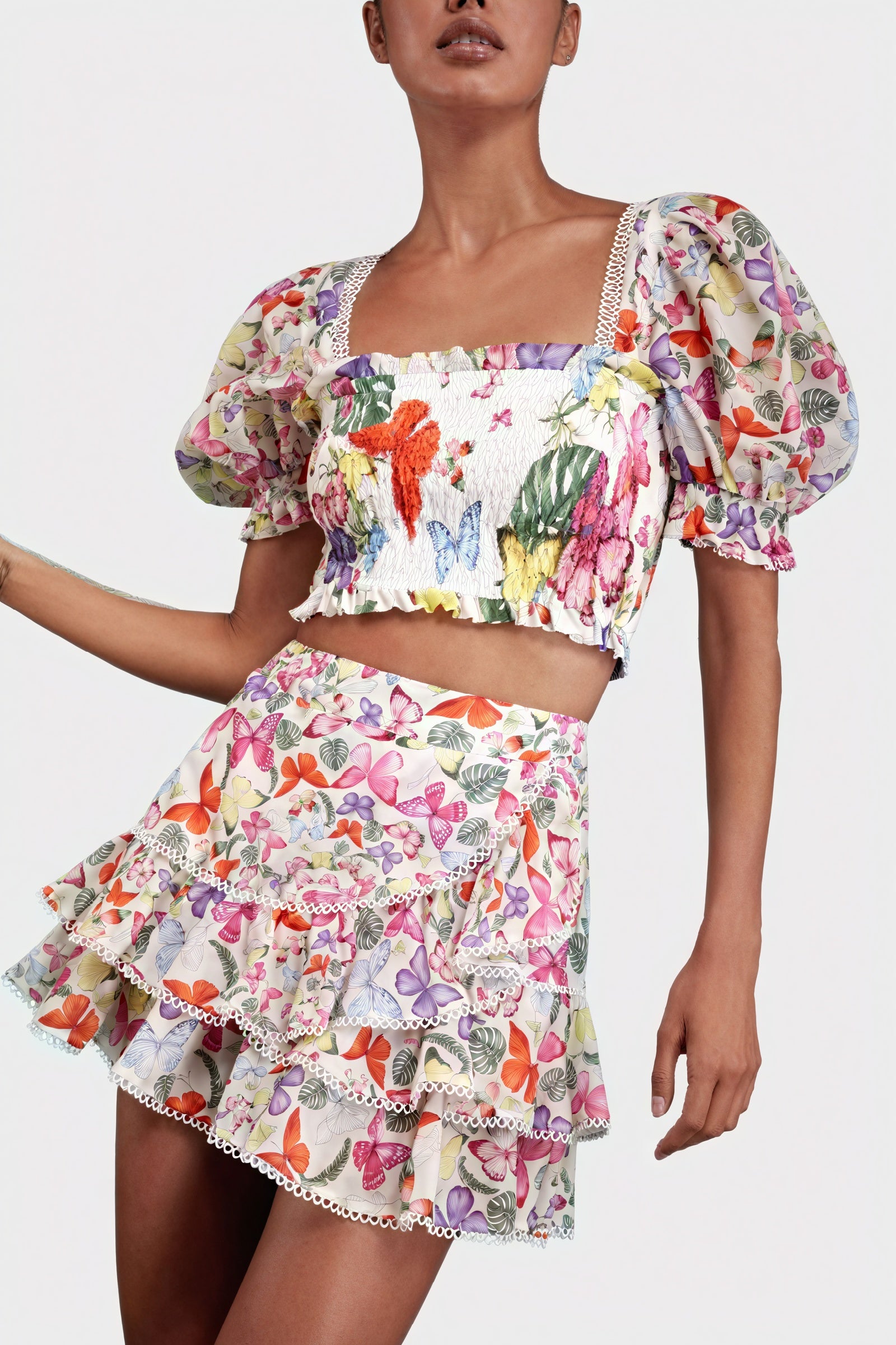 Women's Yellow Floral Cotton Blend Smocked Crop Top & Tiered Ruffled Skirt Set-80924-42fbe294-479a-43ff-9326-e06f7276f80e