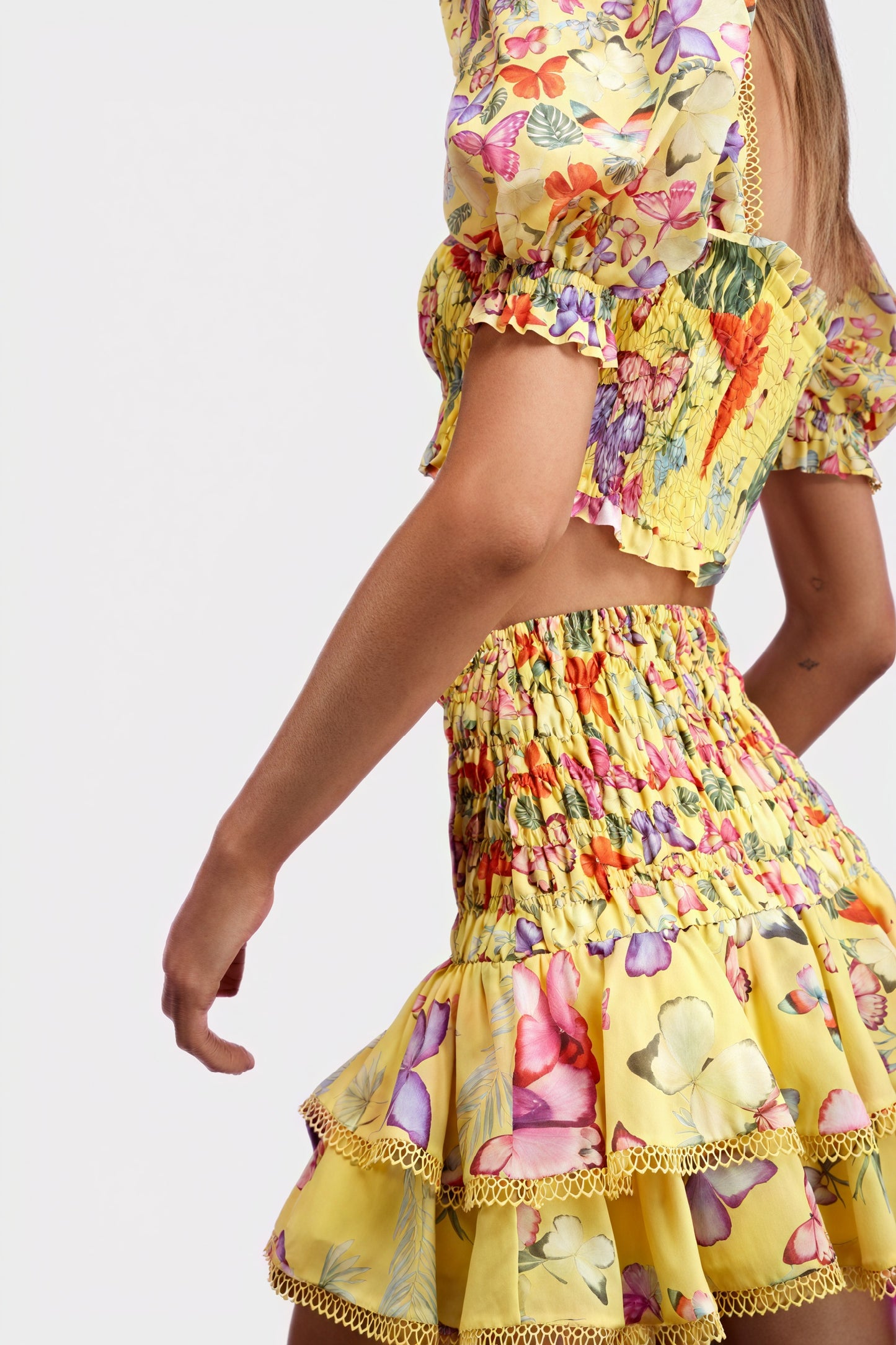 Women's Yellow Floral Cotton Blend Smocked Crop Top & Tiered Ruffled Skirt Set-80924-547f89b2-47a9-48a9-8bc6-472960873050