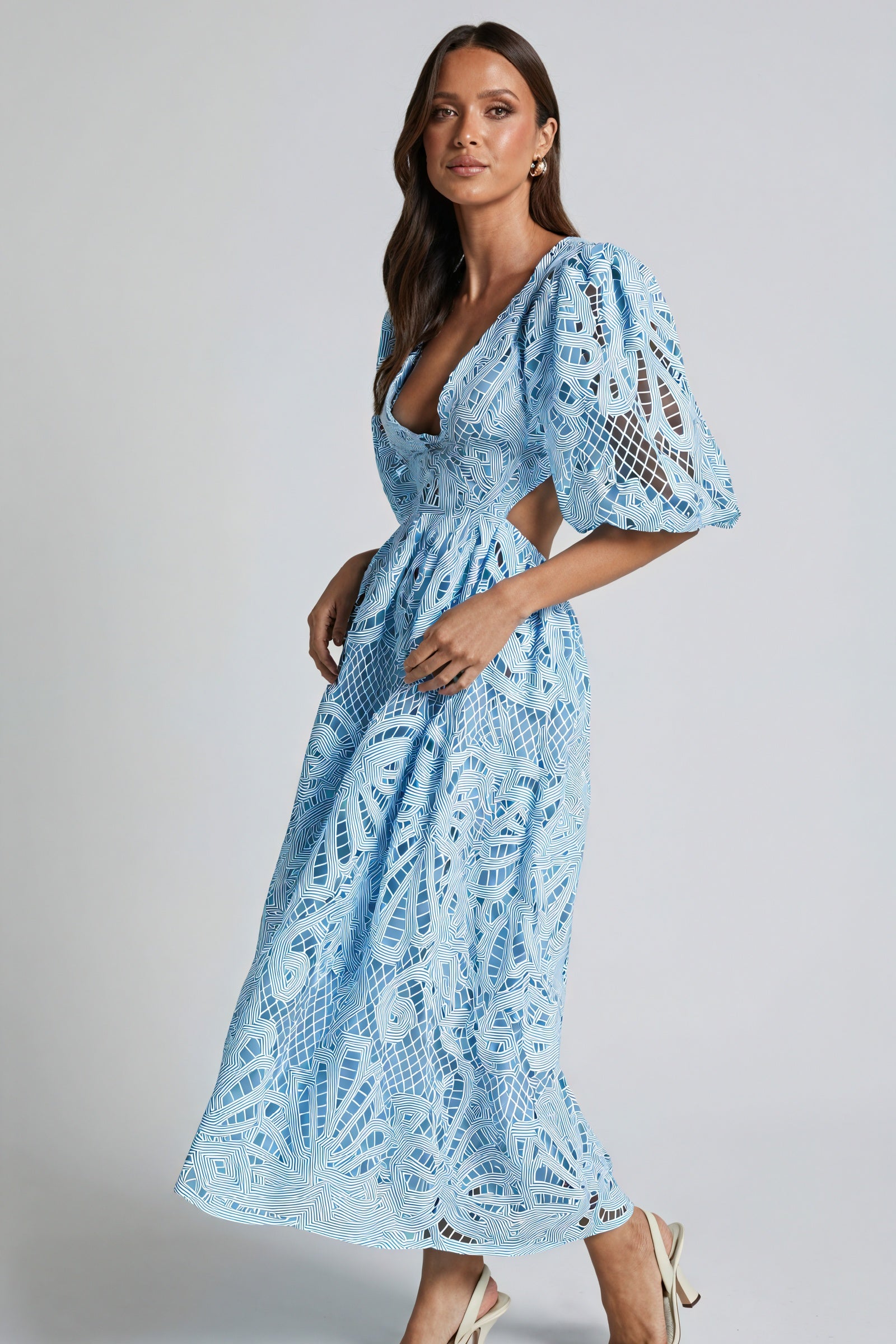 Women's Midi Dress – Pink Lace, Plunge V-Neck, Puffed Sleeves, Cut-Out Details-80926-dc872c54-20f2-4149-b522-e03cc6db3cb3