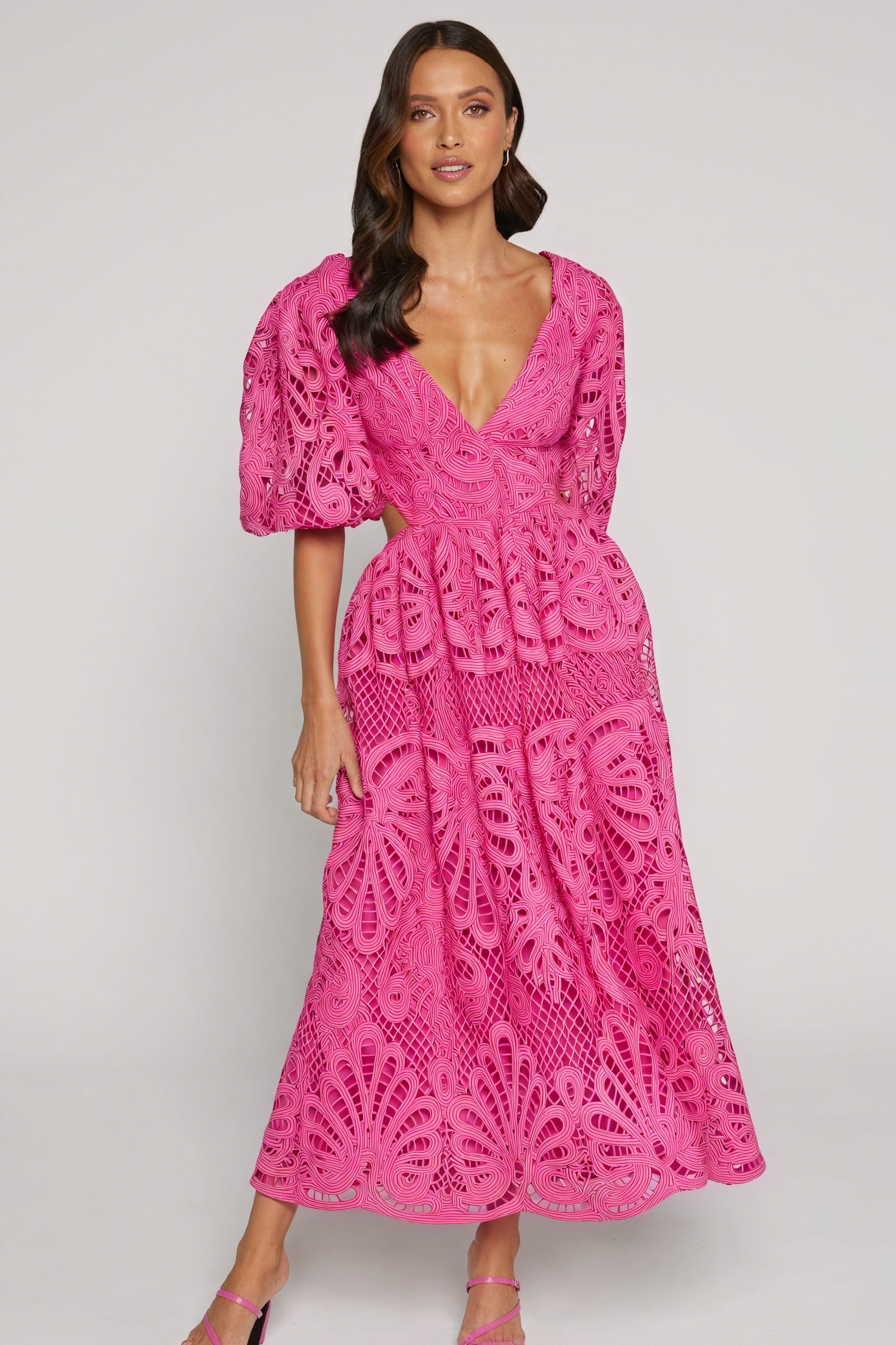 Women's Midi Dress – Pink Lace, Plunge V-Neck, Puffed Sleeves, Cut-Out Details-80926-bc243d60-ea63-4ff6-8d60-78ff99d387c8