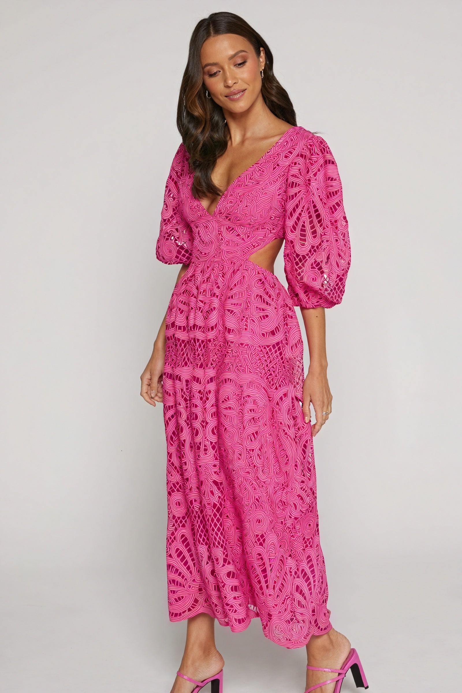 Women's Midi Dress – Pink Lace, Plunge V-Neck, Puffed Sleeves, Cut-Out Details-80926-ce487de2-1b6b-4108-a8c3-608ec6ef53d6