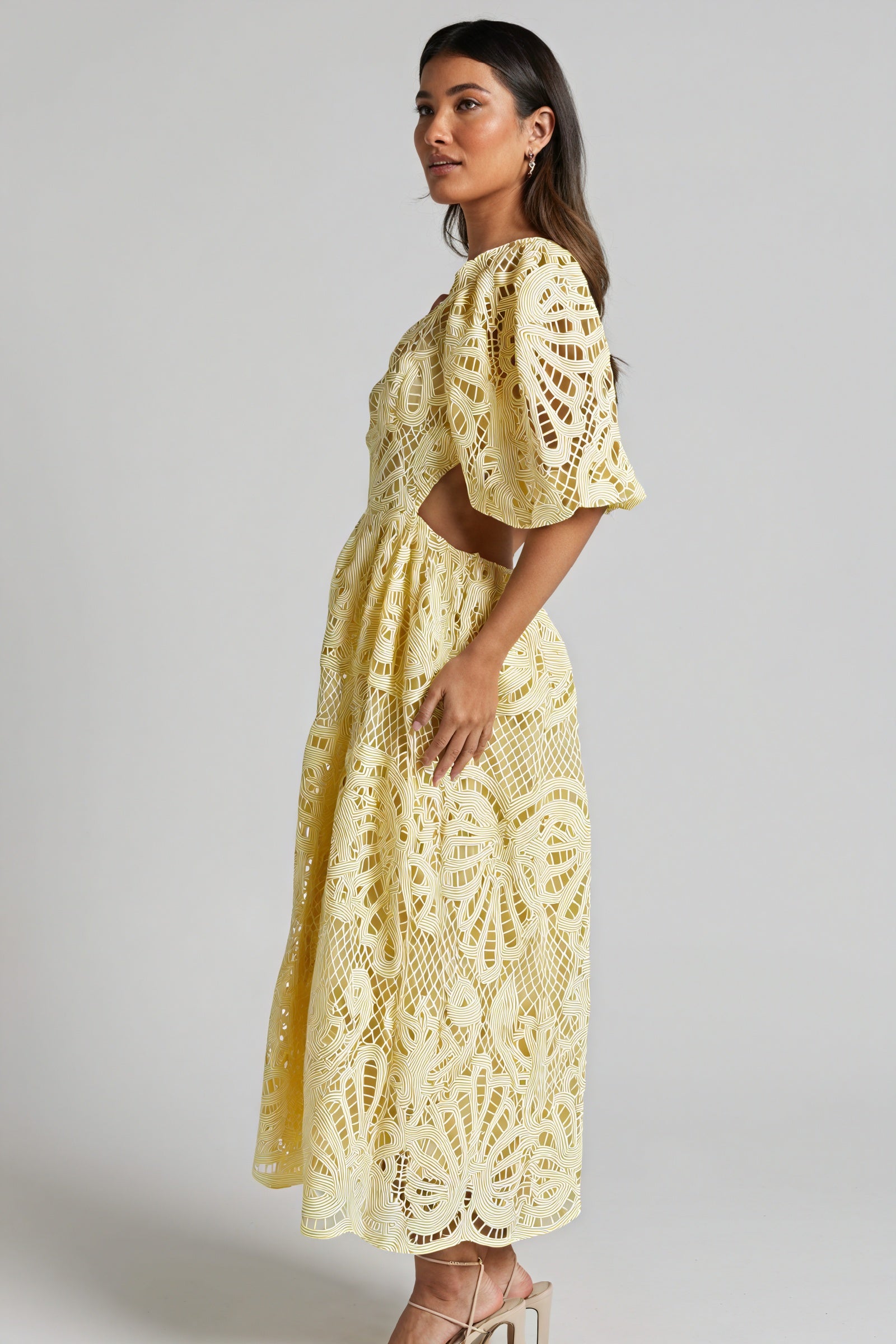 Women's Midi Dress – Pink Lace, Plunge V-Neck, Puffed Sleeves, Cut-Out Details-80926-dad9b5f3-3a06-4464-bc85-bd6fb9e2a435