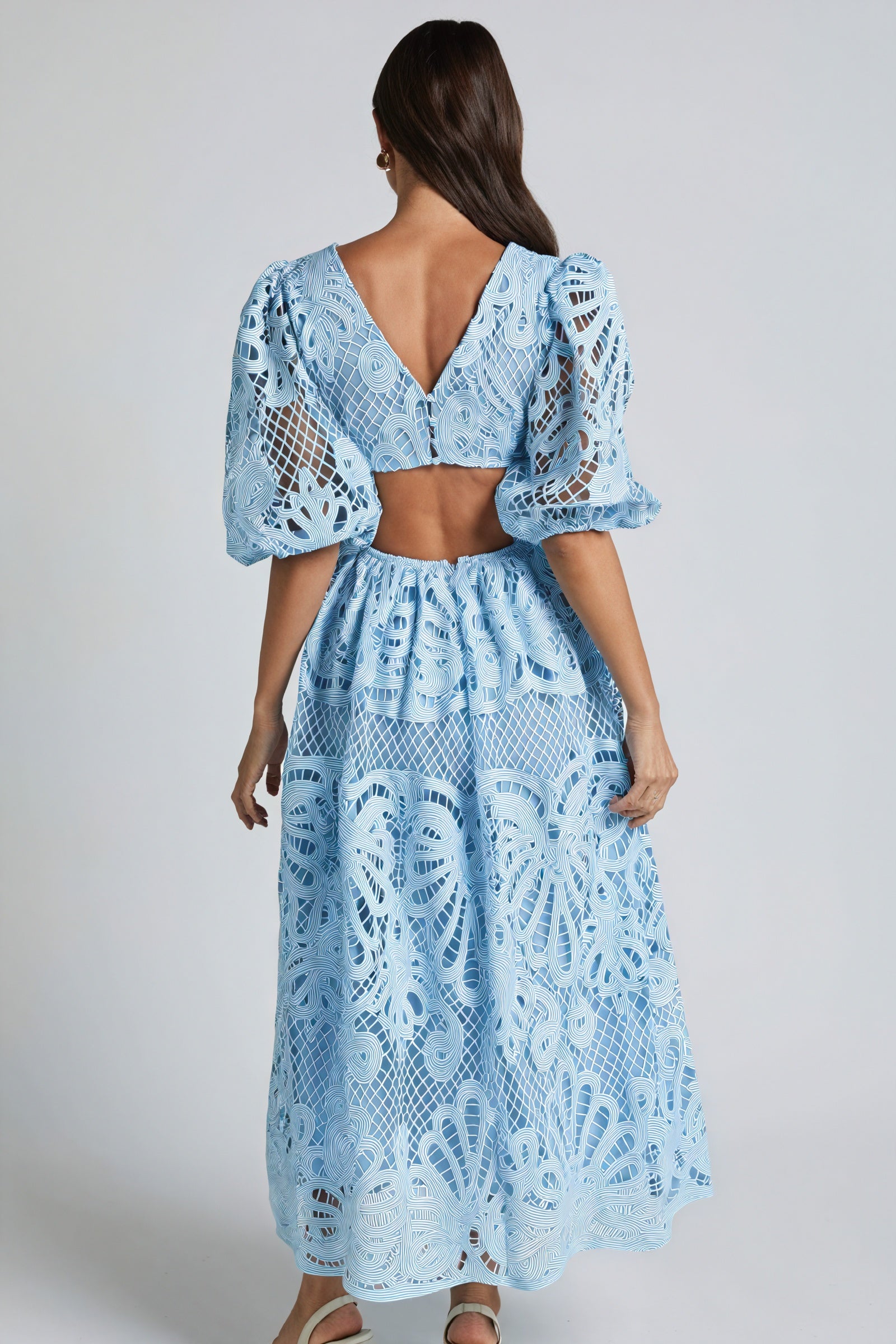 Women's Midi Dress – Pink Lace, Plunge V-Neck, Puffed Sleeves, Cut-Out Details-80926-2520b6d7-fe0e-42b6-9f7e-06eeaf3abe8b