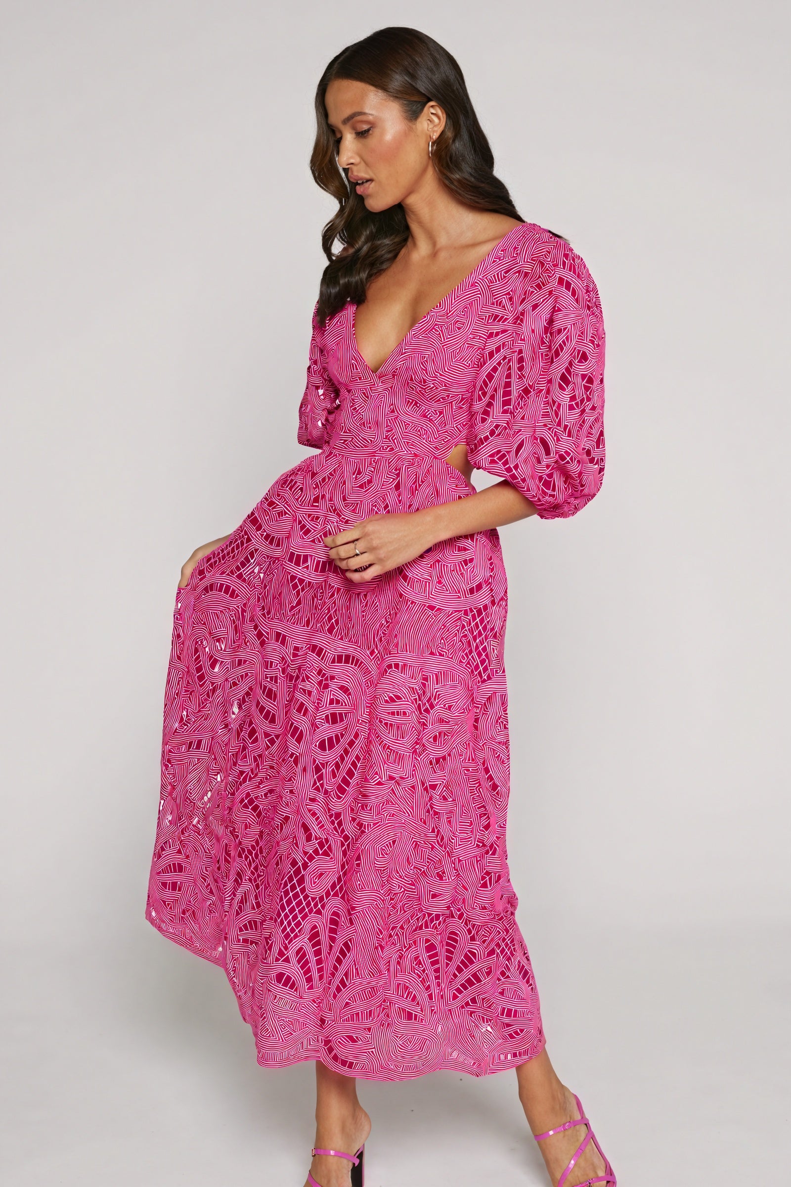 Women's Midi Dress – Pink Lace, Plunge V-Neck, Puffed Sleeves, Cut-Out Details-80926-79357e11-6e69-4488-ace6-dbd4c8974935