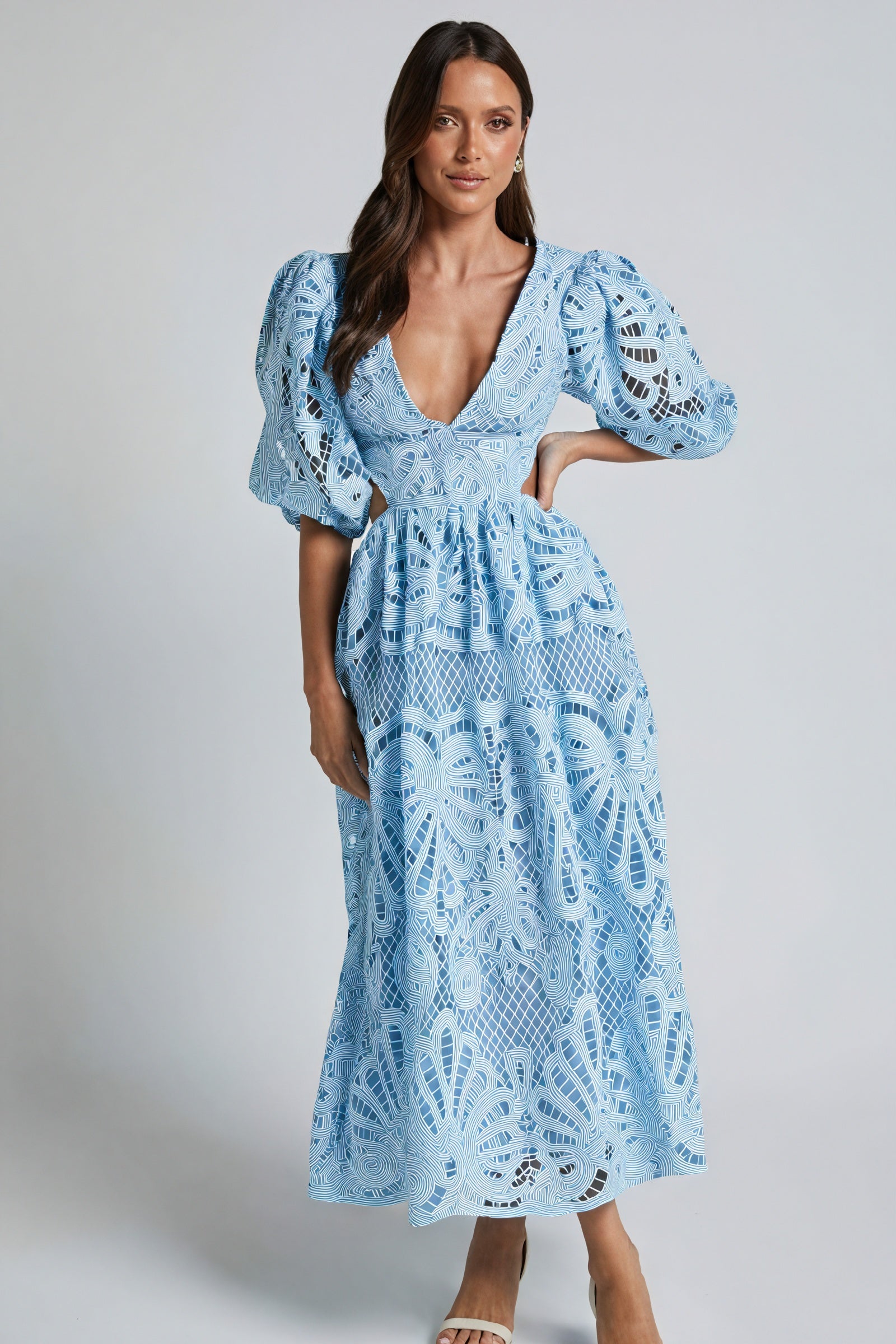 Women's Midi Dress – Pink Lace, Plunge V-Neck, Puffed Sleeves, Cut-Out Details-80926-2acb4052-63b4-402f-9097-ab4197384ad6