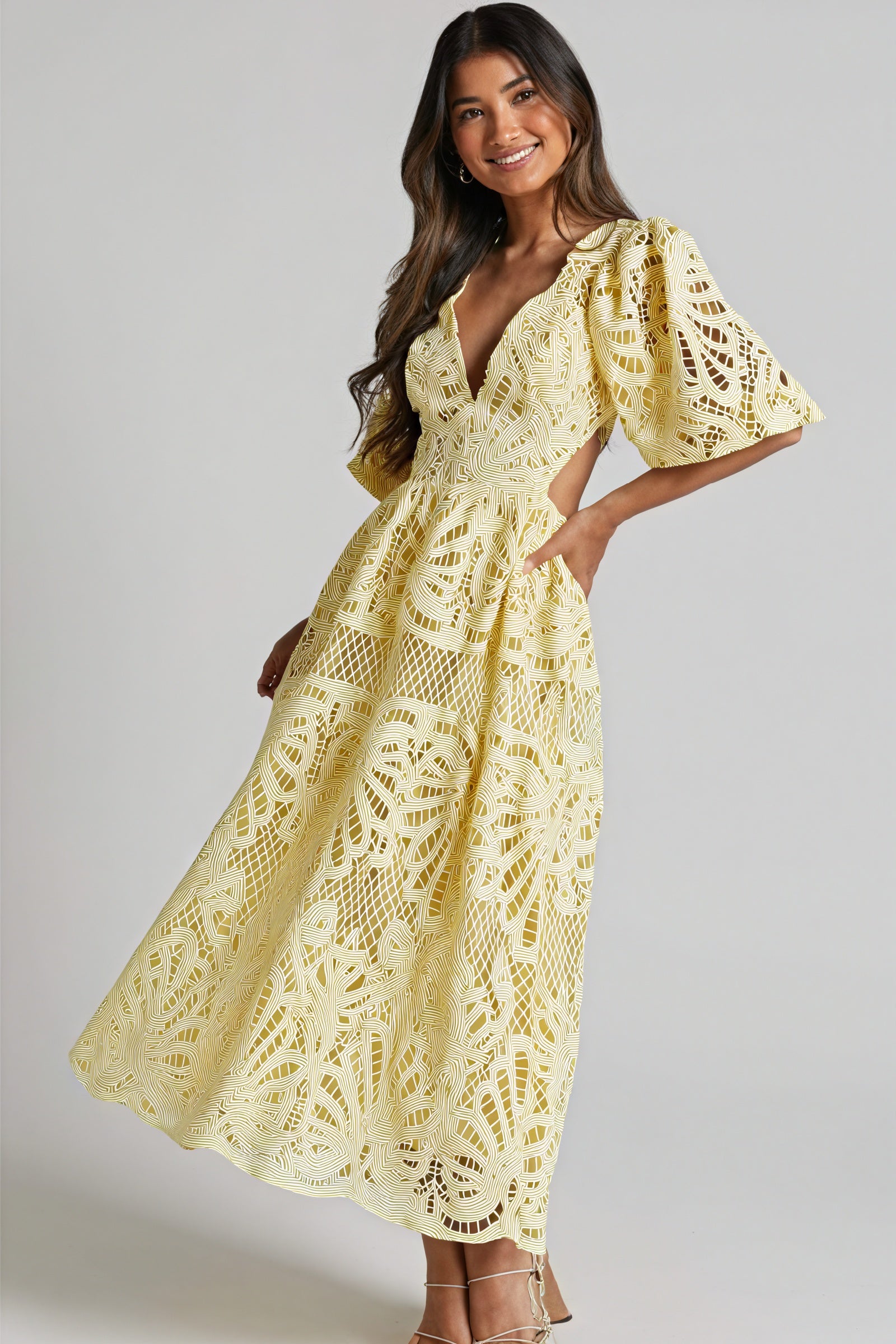 Women's Midi Dress – Pink Lace, Plunge V-Neck, Puffed Sleeves, Cut-Out Details-80926-95ea6ee2-8376-4ff0-9aae-a3987c5316af