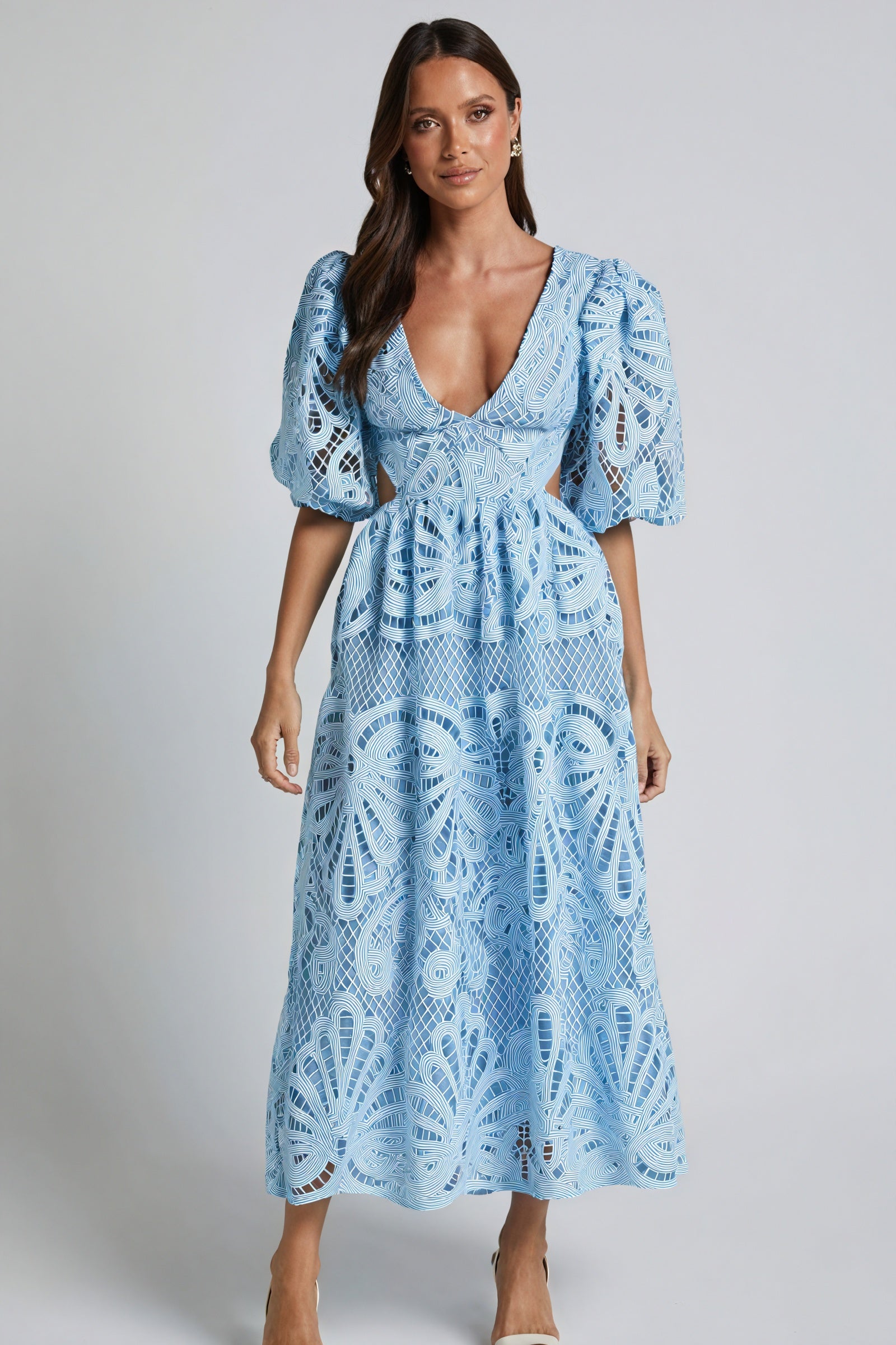 Women's Midi Dress – Pink Lace, Plunge V-Neck, Puffed Sleeves, Cut-Out Details-80926-abf33e8a-8e10-415d-b33e-98218c67fff4
