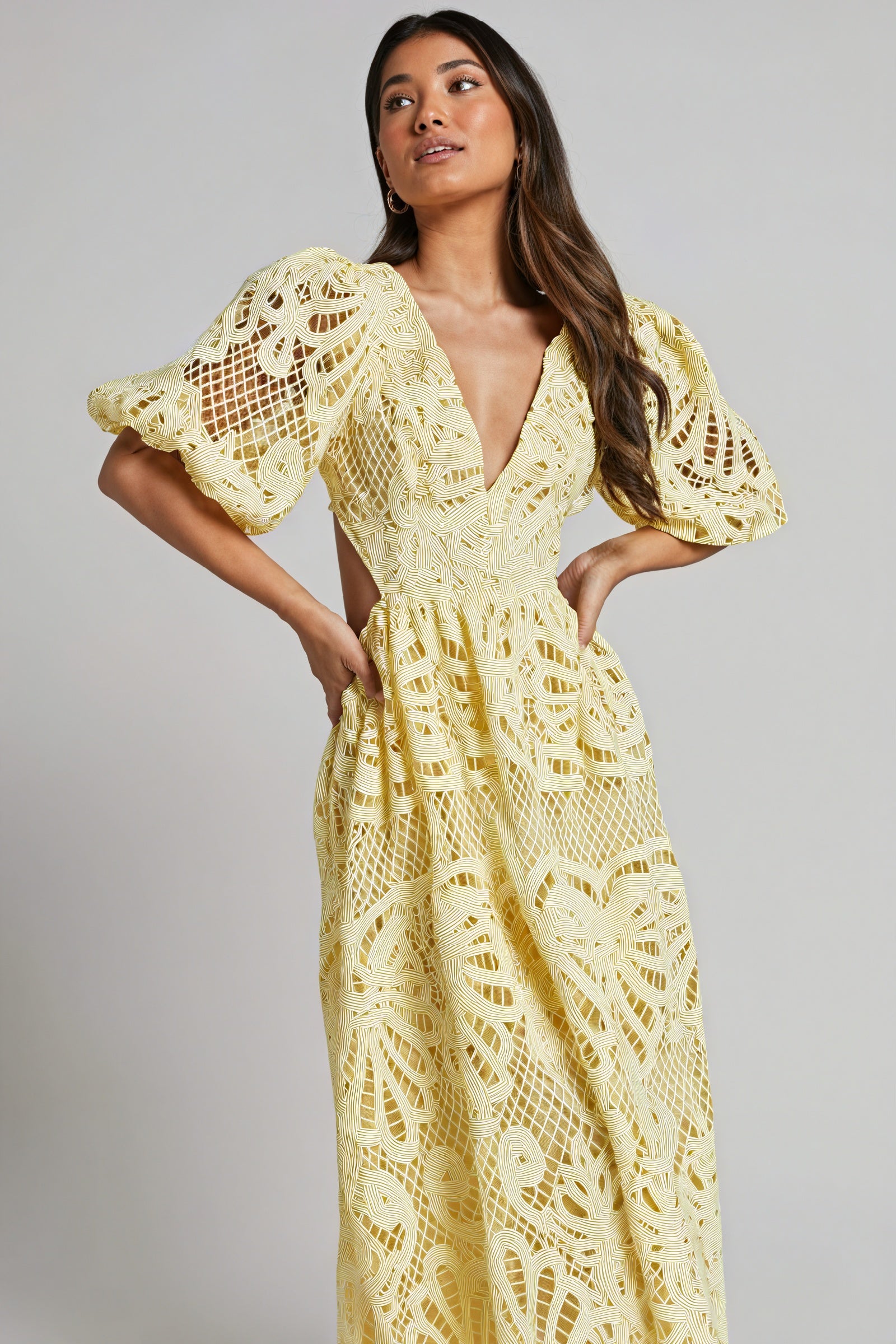 Women's Midi Dress – Pink Lace, Plunge V-Neck, Puffed Sleeves, Cut-Out Details-80926-cfe7193e-fa49-4c08-96ee-9b8117e42a93