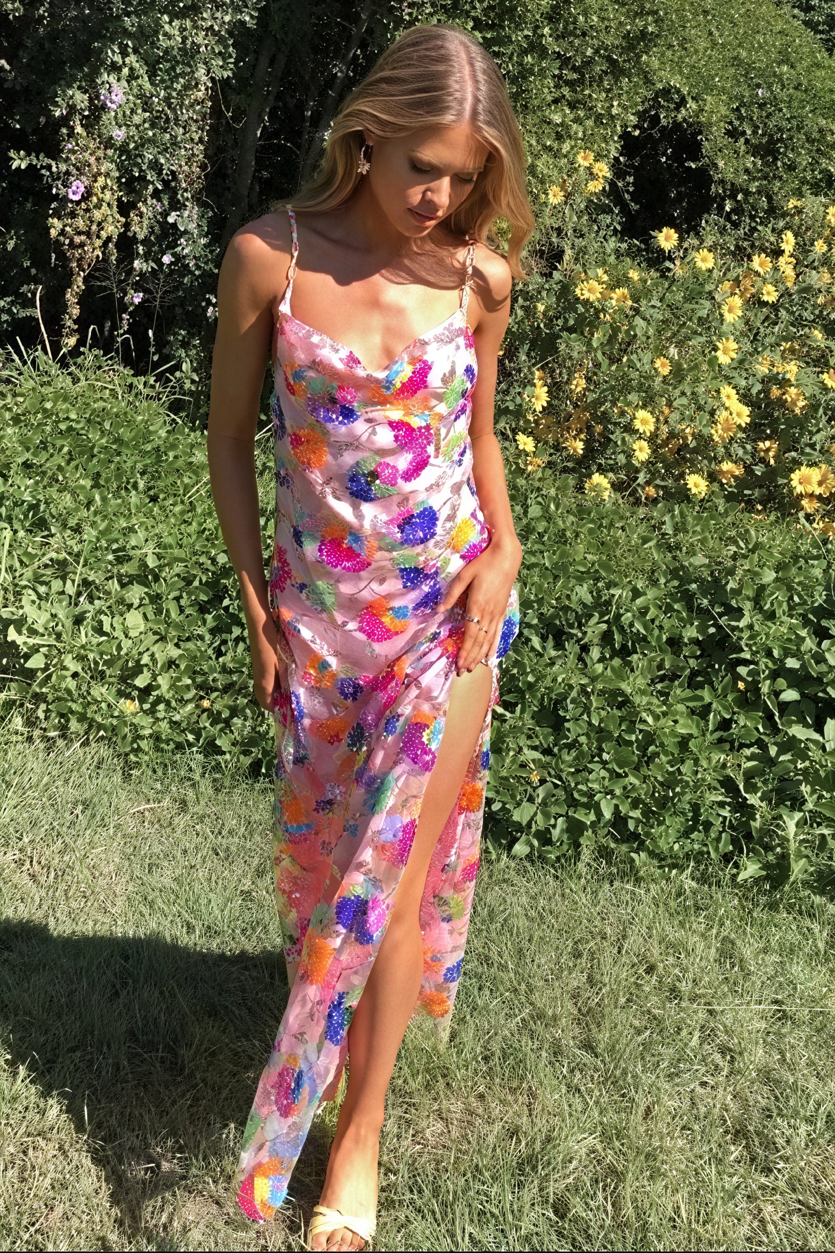 Women's Floral Maxi Dress – Pink, Silk Blend, Open Back, High Slit-80956-4a8ad5c0-4308-4cac-9b06-4f361d7e8078