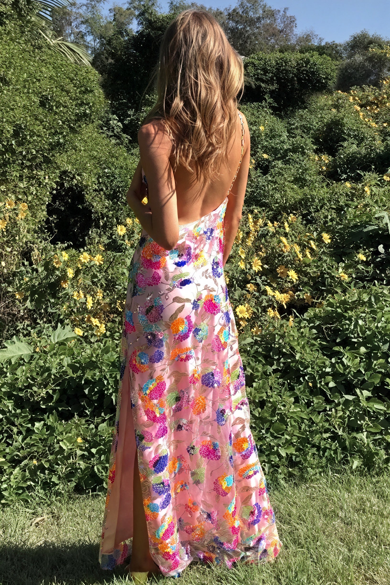 Women's Floral Maxi Dress – Pink, Silk Blend, Open Back, High Slit-80956-1e67d33f-64b5-4a3f-bbd8-183cacfdc423