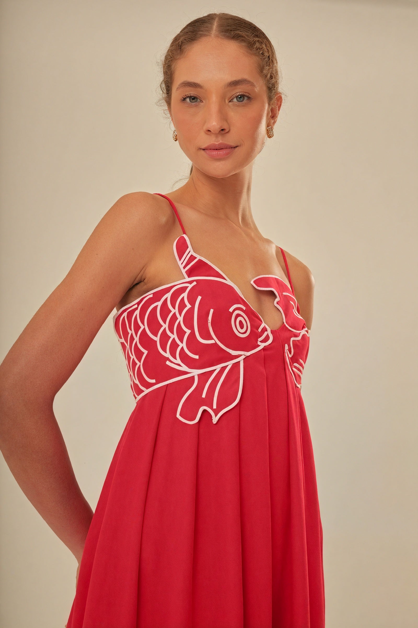 Women's Red Maxi Dress – Floor-Length, Fish Applique, Spaghetti Straps, Bohemian Style-80958-87451321-dd3e-4a4a-86a5-3b2f3b12afb5