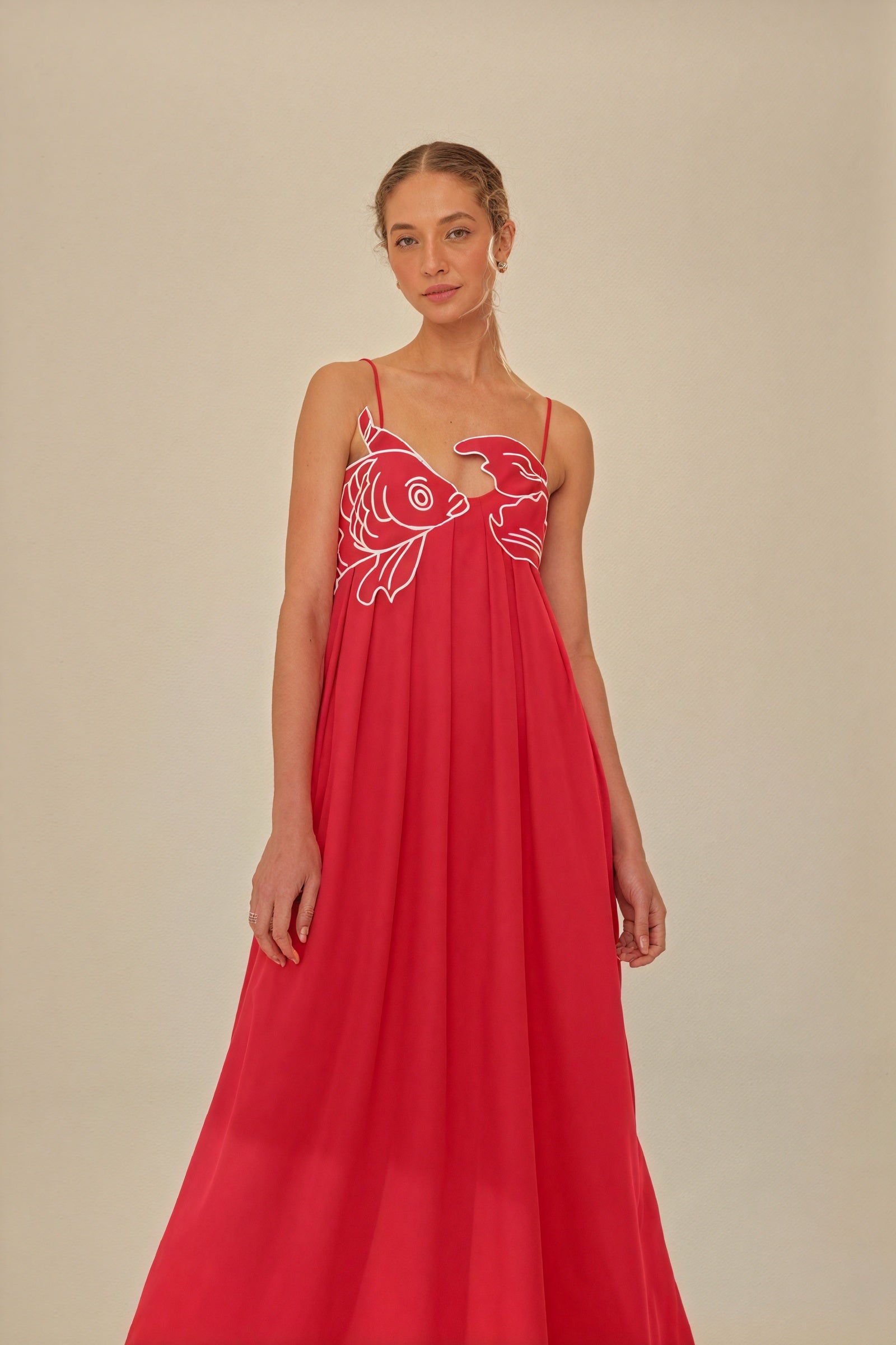 Women's Red Maxi Dress – Floor-Length, Fish Applique, Spaghetti Straps, Bohemian Style-80958-5d02fcd4-210a-45db-803e-8904b80abe4e
