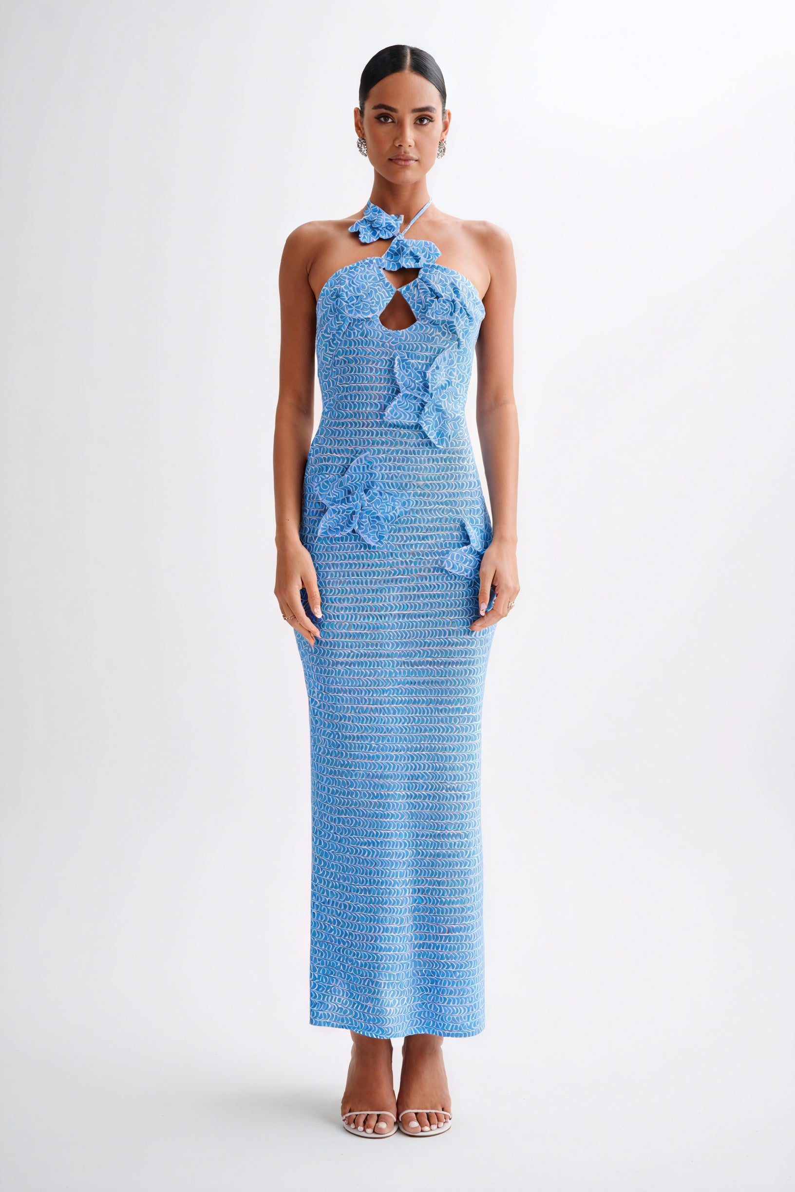 Women's Floor-Length Halter Dress – Crochet Open-Weave, Floral Appliqués, Bohemian Elegant-80963-98e0bd0d-8568-4707-b540-a082a3d28aad