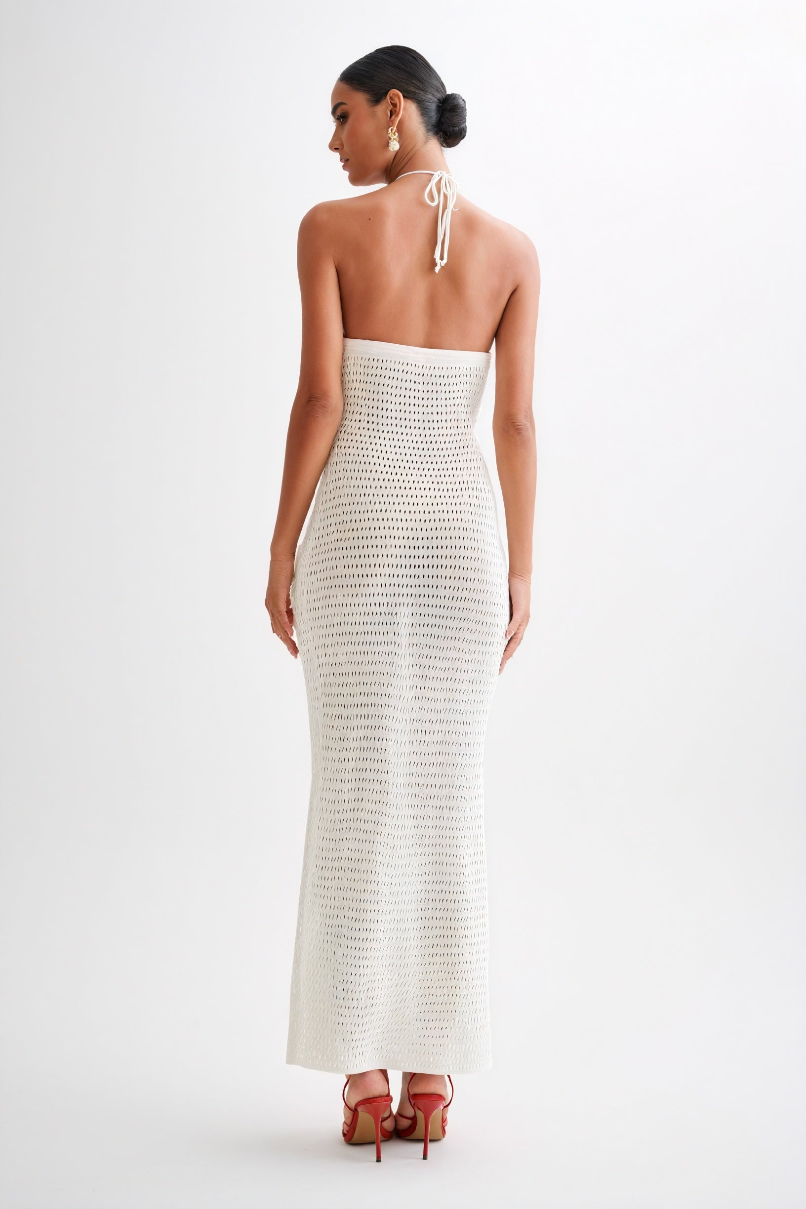 Women's Floor-Length Halter Dress – Crochet Open-Weave, Floral Appliqués, Bohemian Elegant-80963-09714a01-5b16-4575-90d1-e311034c55f5
