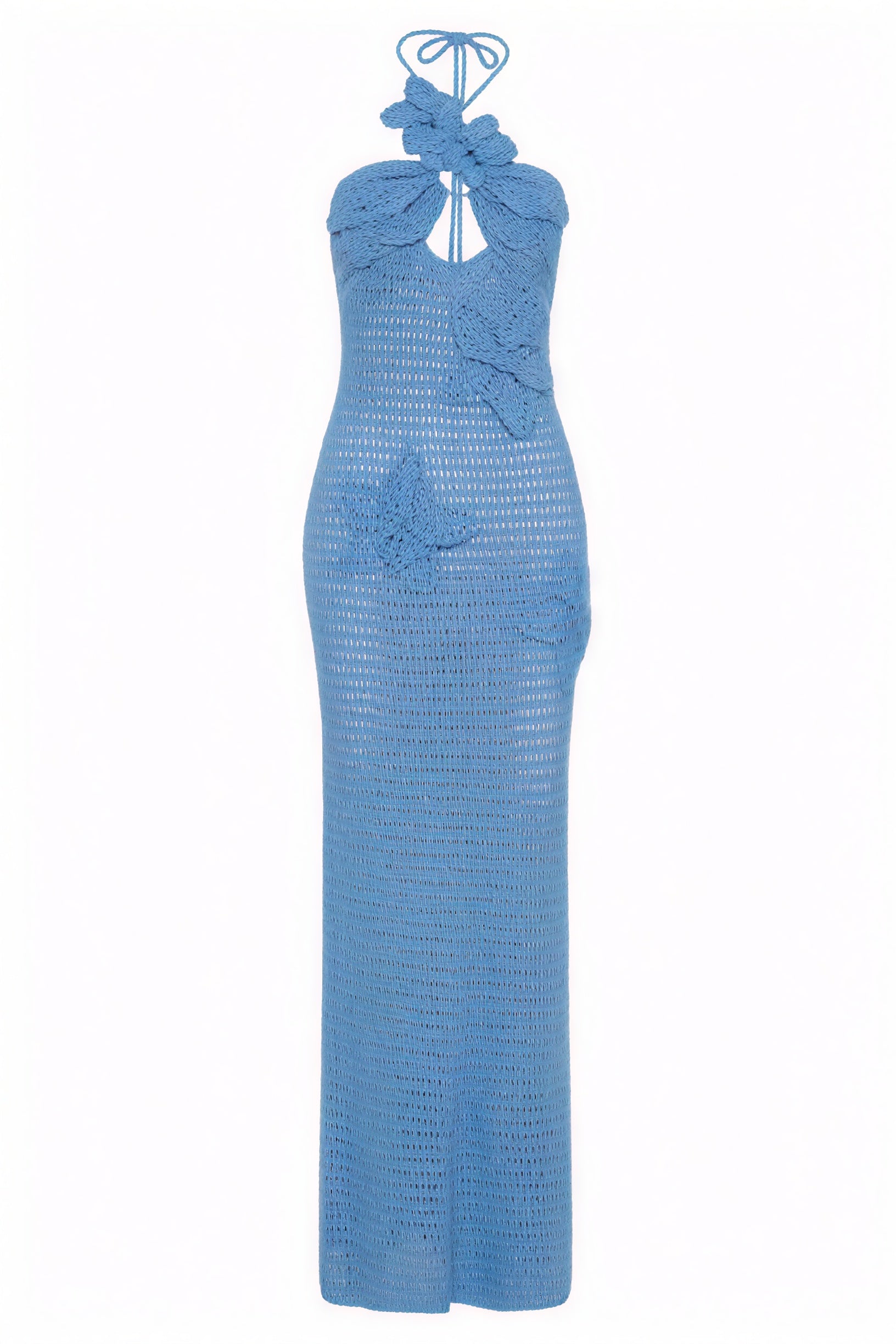 Women's Floor-Length Halter Dress – Crochet Open-Weave, Floral Appliqués, Bohemian Elegant-80963-b8955f5f-2cd5-4c71-b59f-d20c0c962826