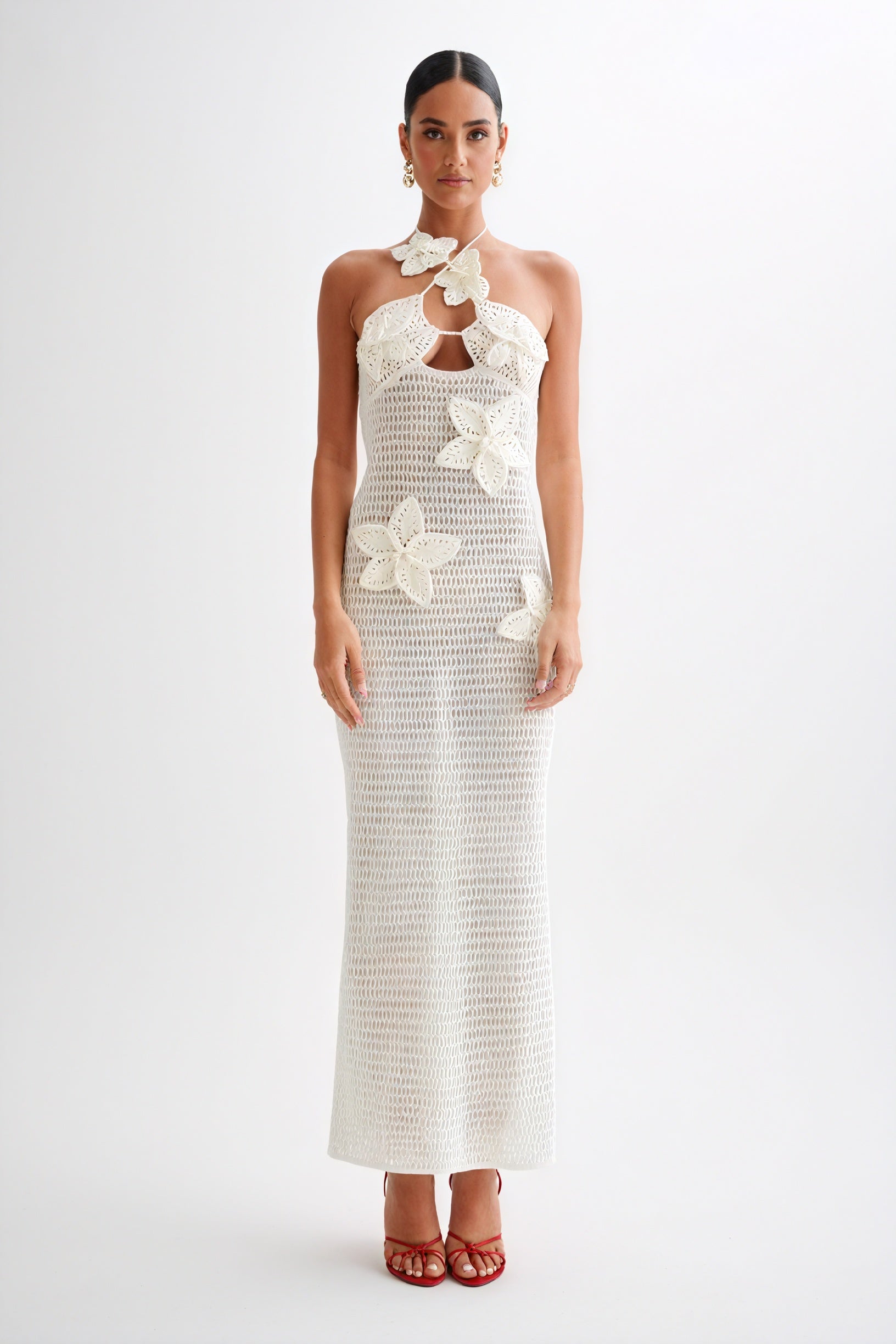 Women's Floor-Length Halter Dress – Crochet Open-Weave, Floral Appliqués, Bohemian Elegant-80963-dbc90bb8-e499-4bca-81e8-ccd979018135