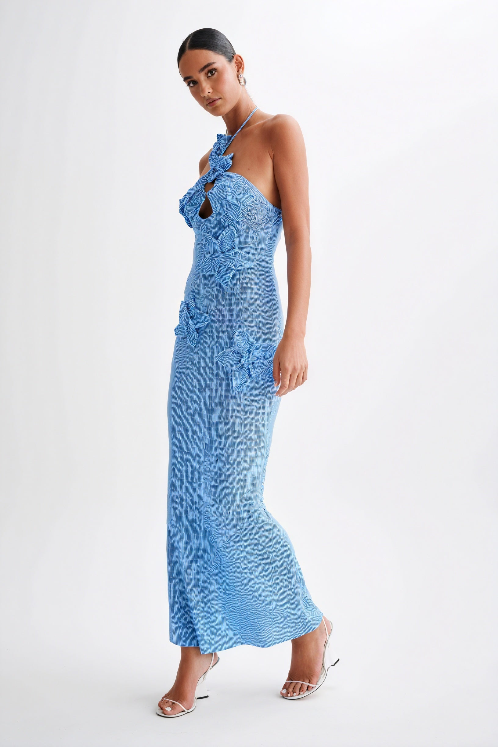 Women's Floor-Length Halter Dress – Crochet Open-Weave, Floral Appliqués, Bohemian Elegant-80963-ec4e64f0-8e9c-4ab9-83ec-7648fdd65e27