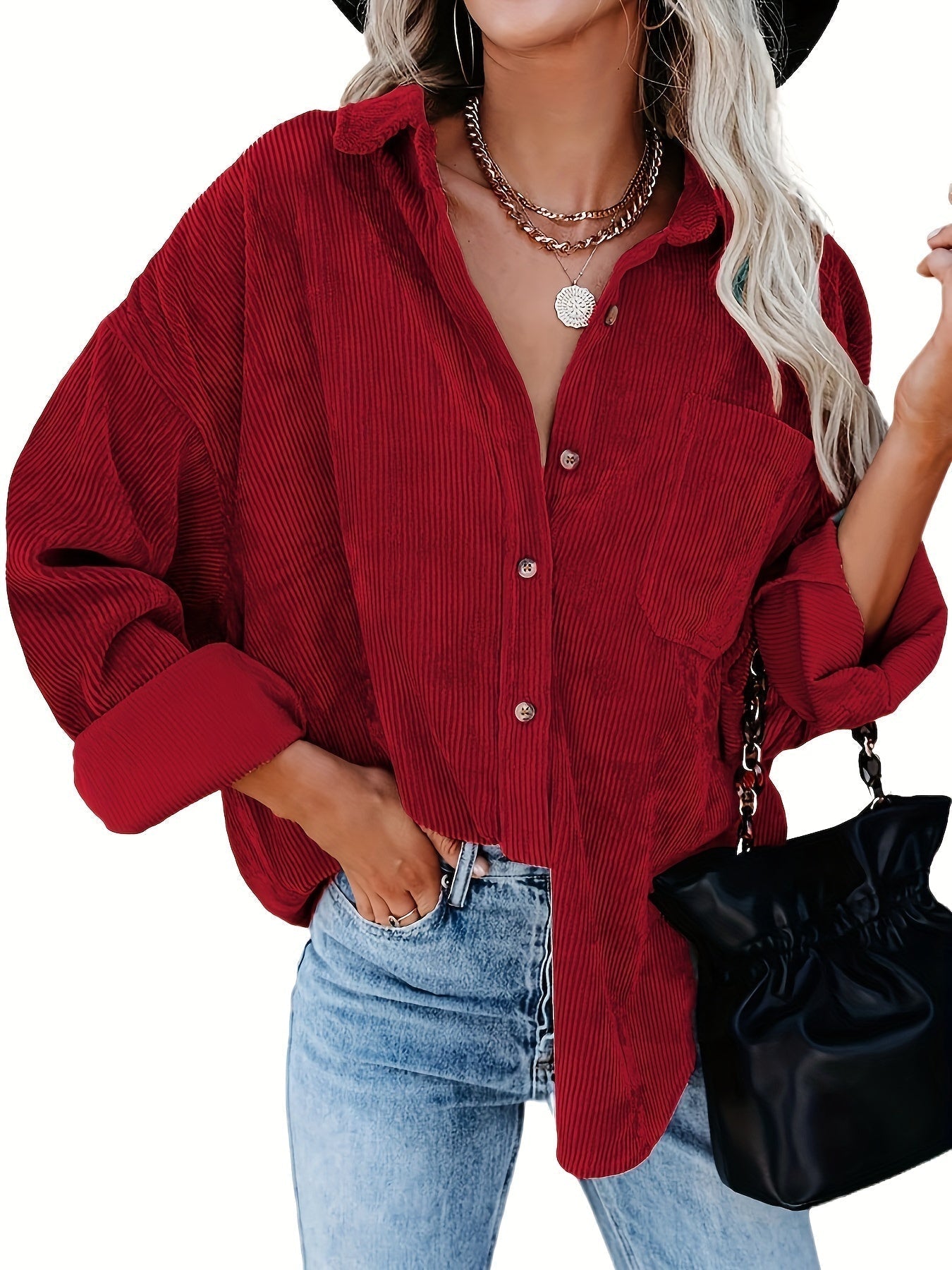 Women's Corduroy Button-Down Shirt-Jacket – Relaxed Fit, Chest Pocket, Beige, Brown, Pink, Black, Red, Teal-81390-80b0ad09-117b-4b17-8ab0-96550876fa94