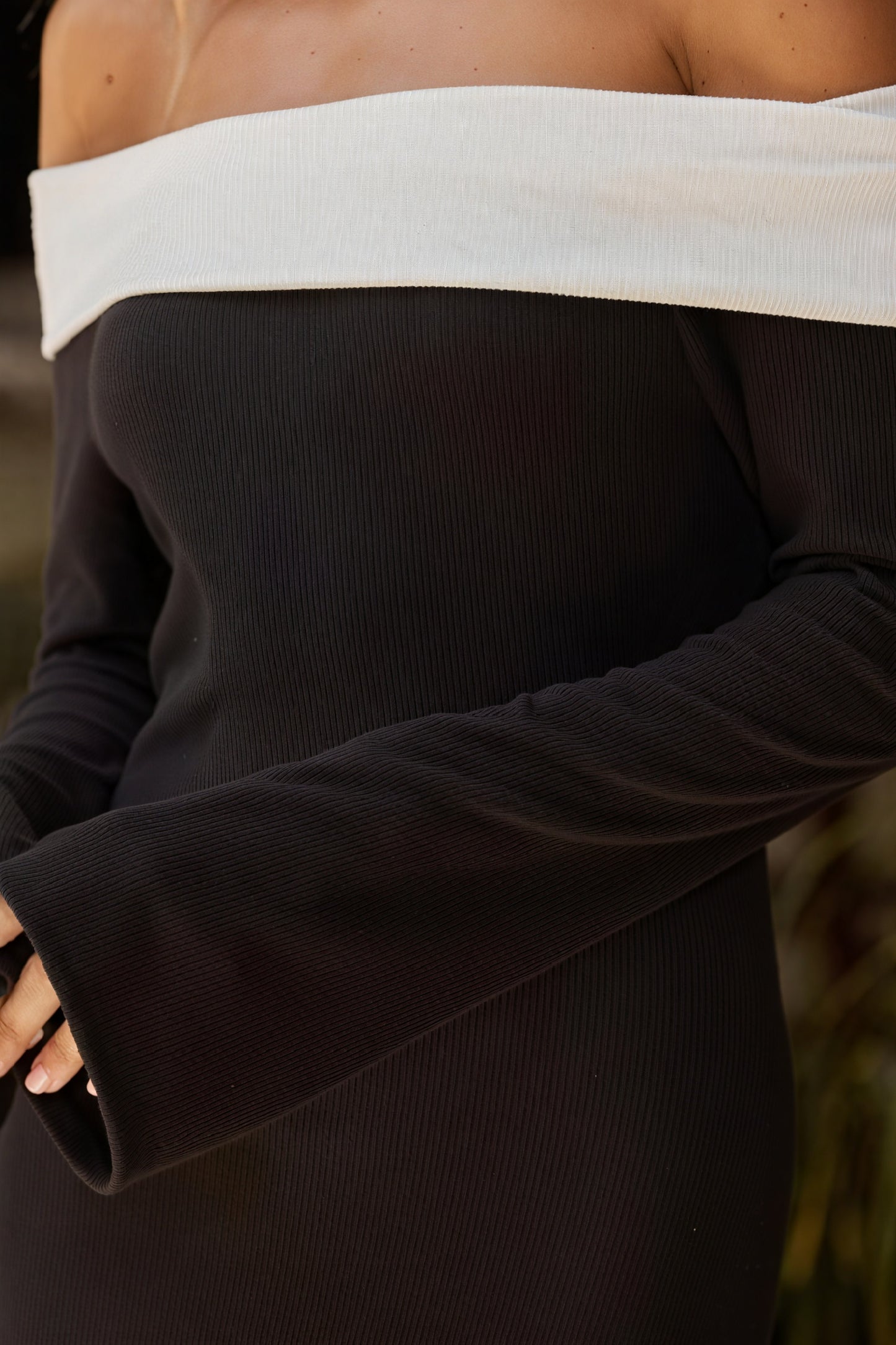 Women's Black White Off-Shoulder Flared Sleeve Floor-Length Evening Dress-81010-99a50f19-2515-4529-86a1-80cdf77f3886