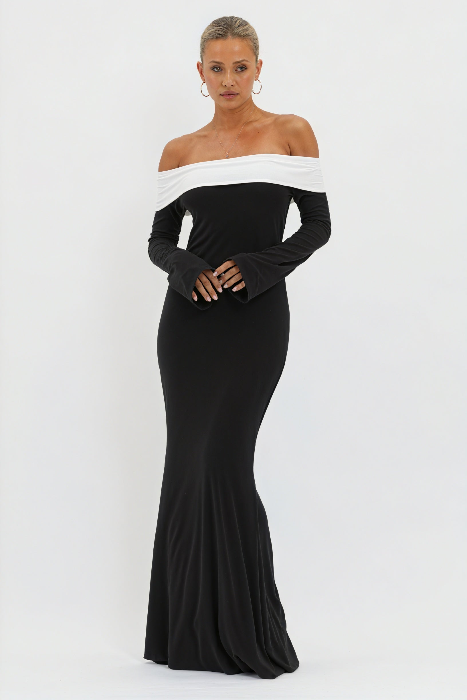 Women's Black White Off-Shoulder Flared Sleeve Floor-Length Evening Dress-81010-ea362126-1036-4cac-906f-0383dc7459fc