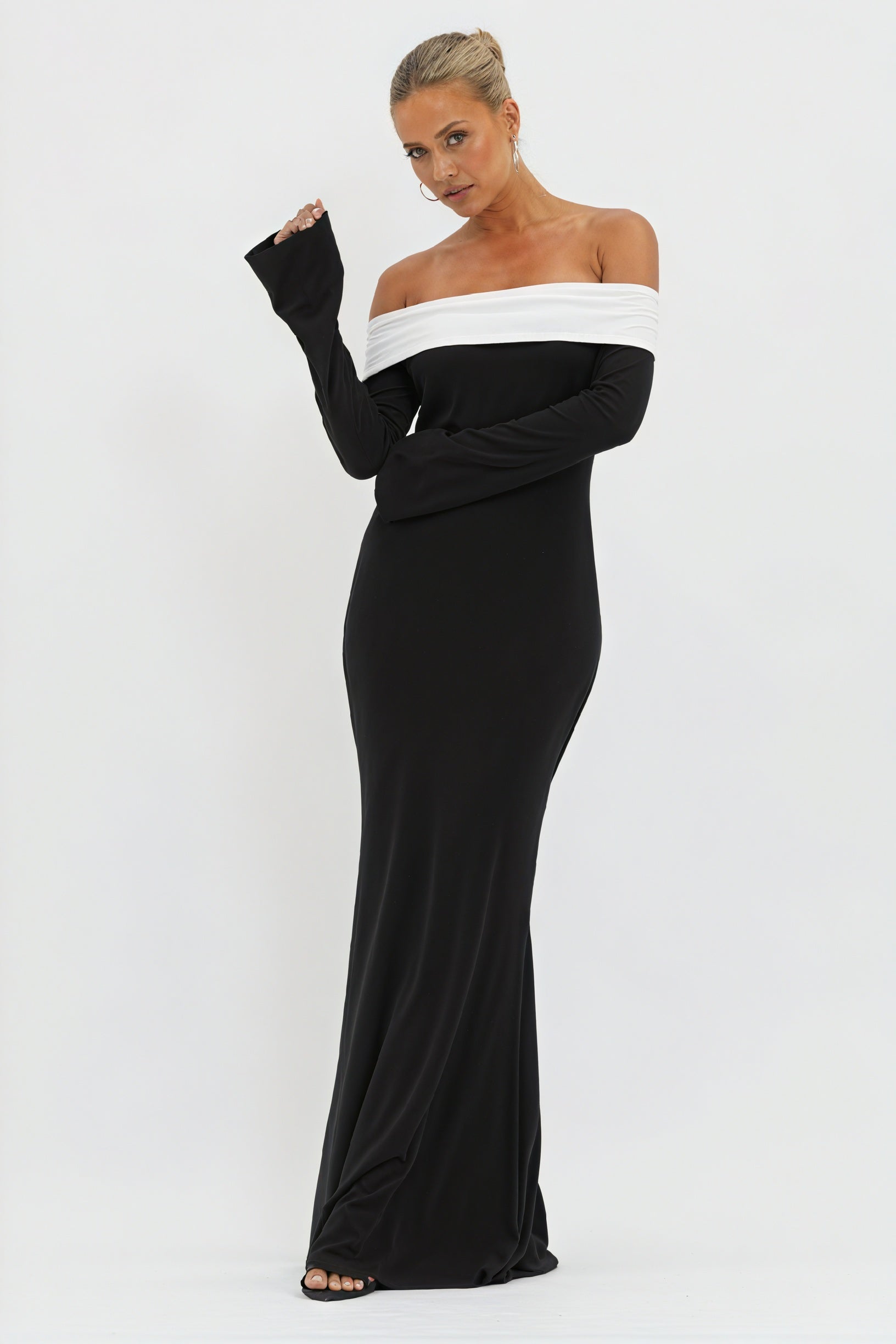 Women's Black White Off-Shoulder Flared Sleeve Floor-Length Evening Dress-81010-ee806ef0-c3af-49ee-bf69-2c56cce2b40b
