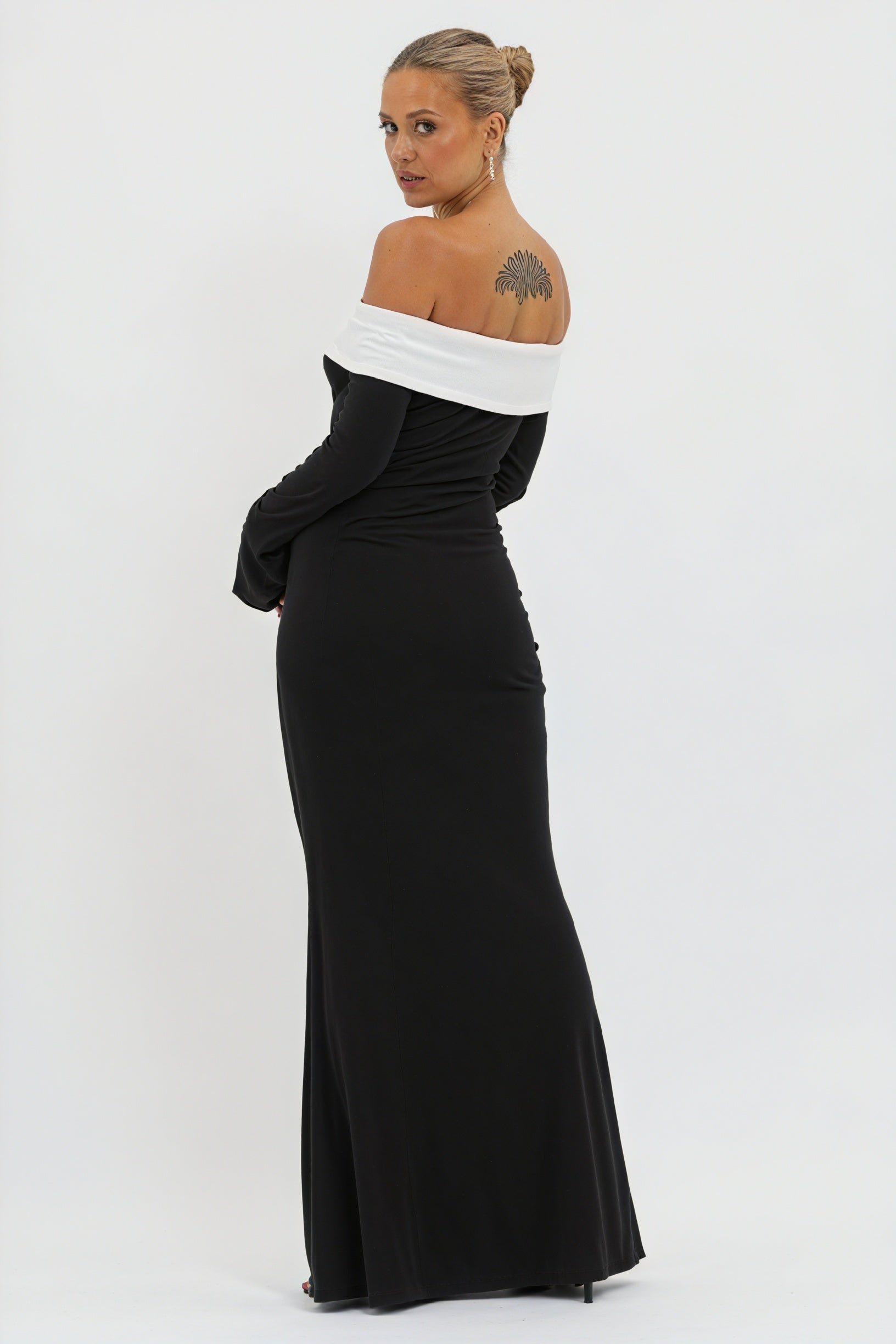 Women's Black White Off-Shoulder Flared Sleeve Floor-Length Evening Dress-81010-804b0a1e-6a1f-48af-b729-13efb08c774e