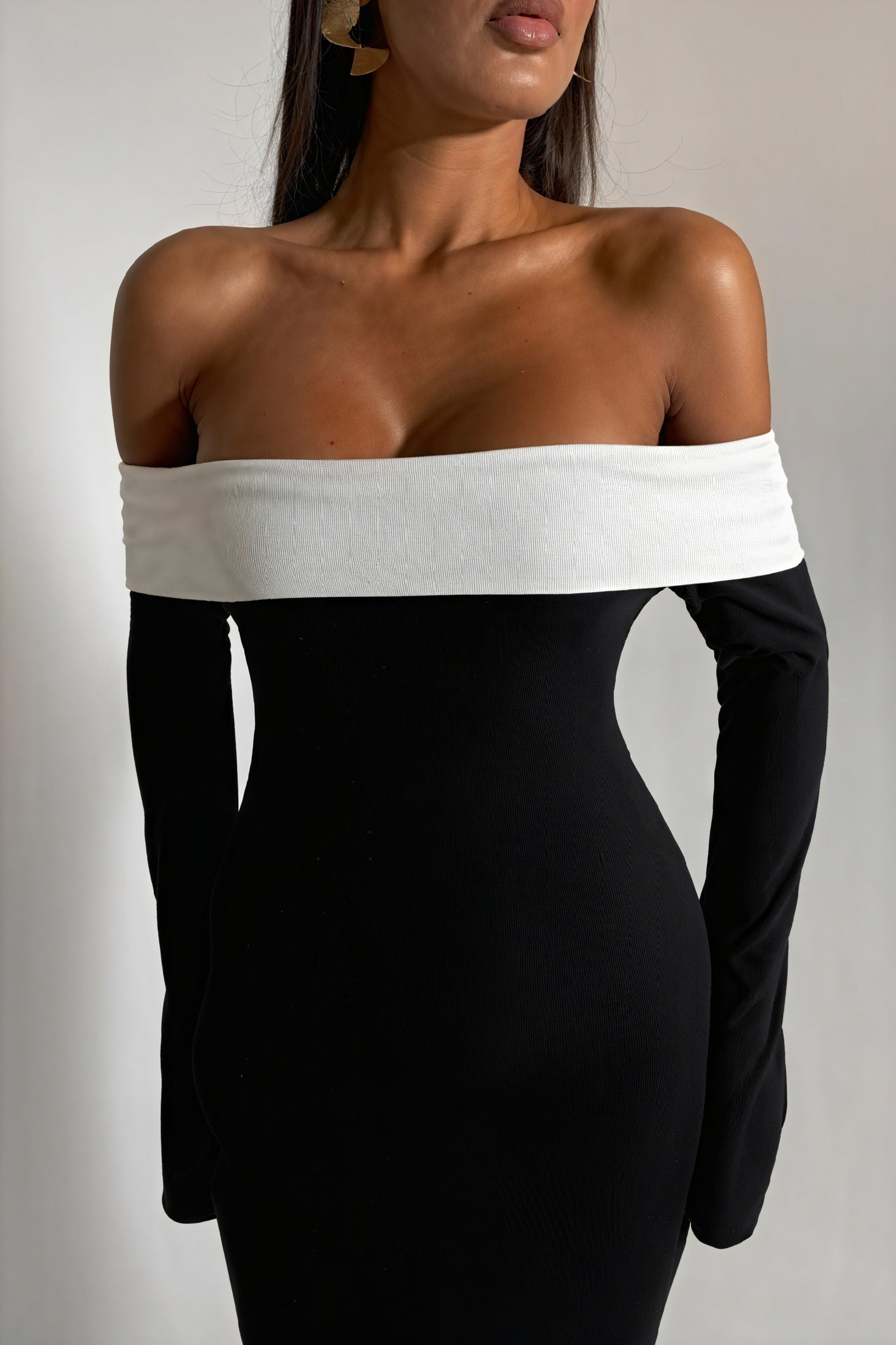 Women's Black White Off-Shoulder Flared Sleeve Floor-Length Evening Dress-81010-07af79f3-5284-47ab-92bb-8845bb9010f2