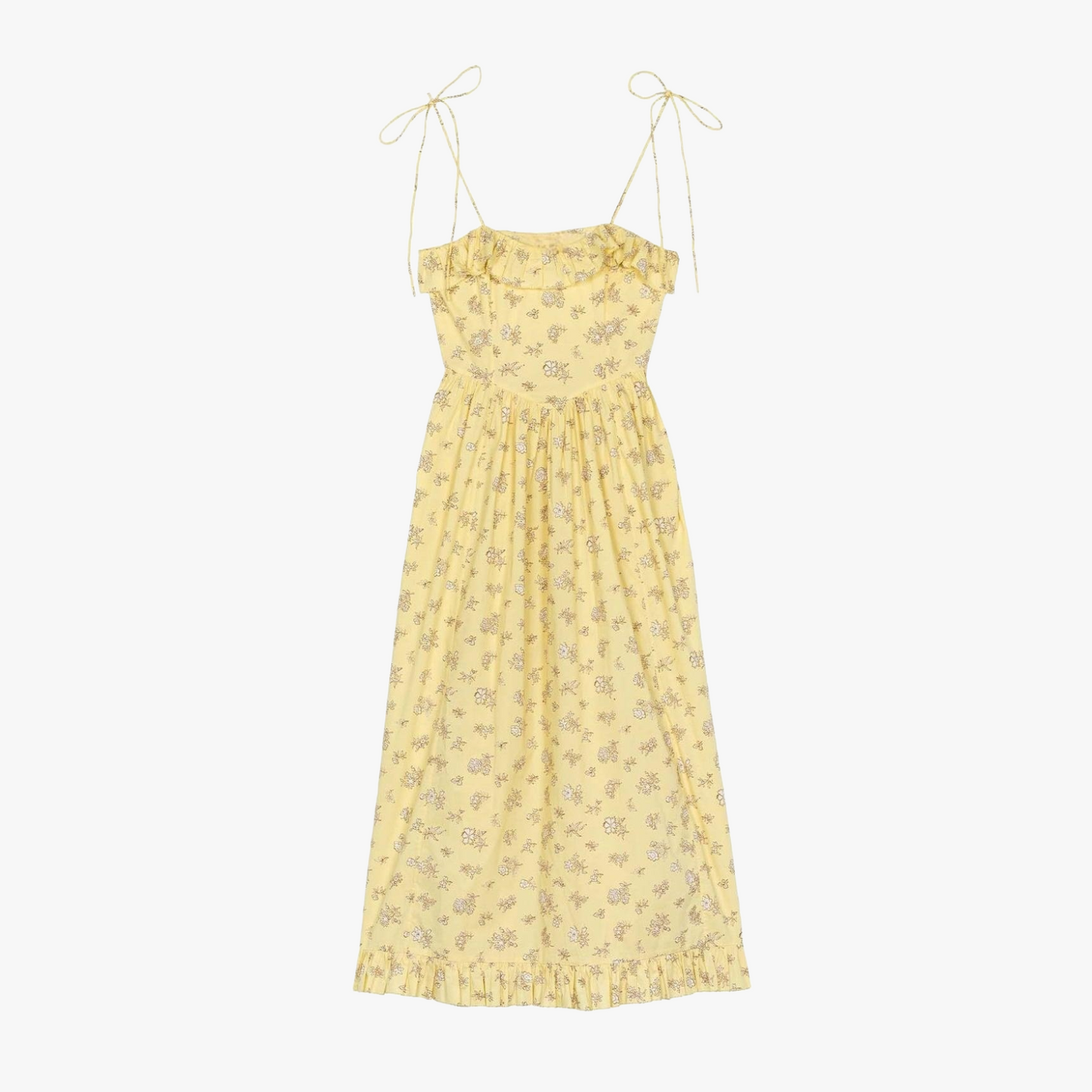 Women's Yellow Floral Cotton Midi Dress – Ruffled Trim, Spaghetti Strap-81012-bafc7aad-2e83-4ae0-bc8d-fcd07ab0e8a7