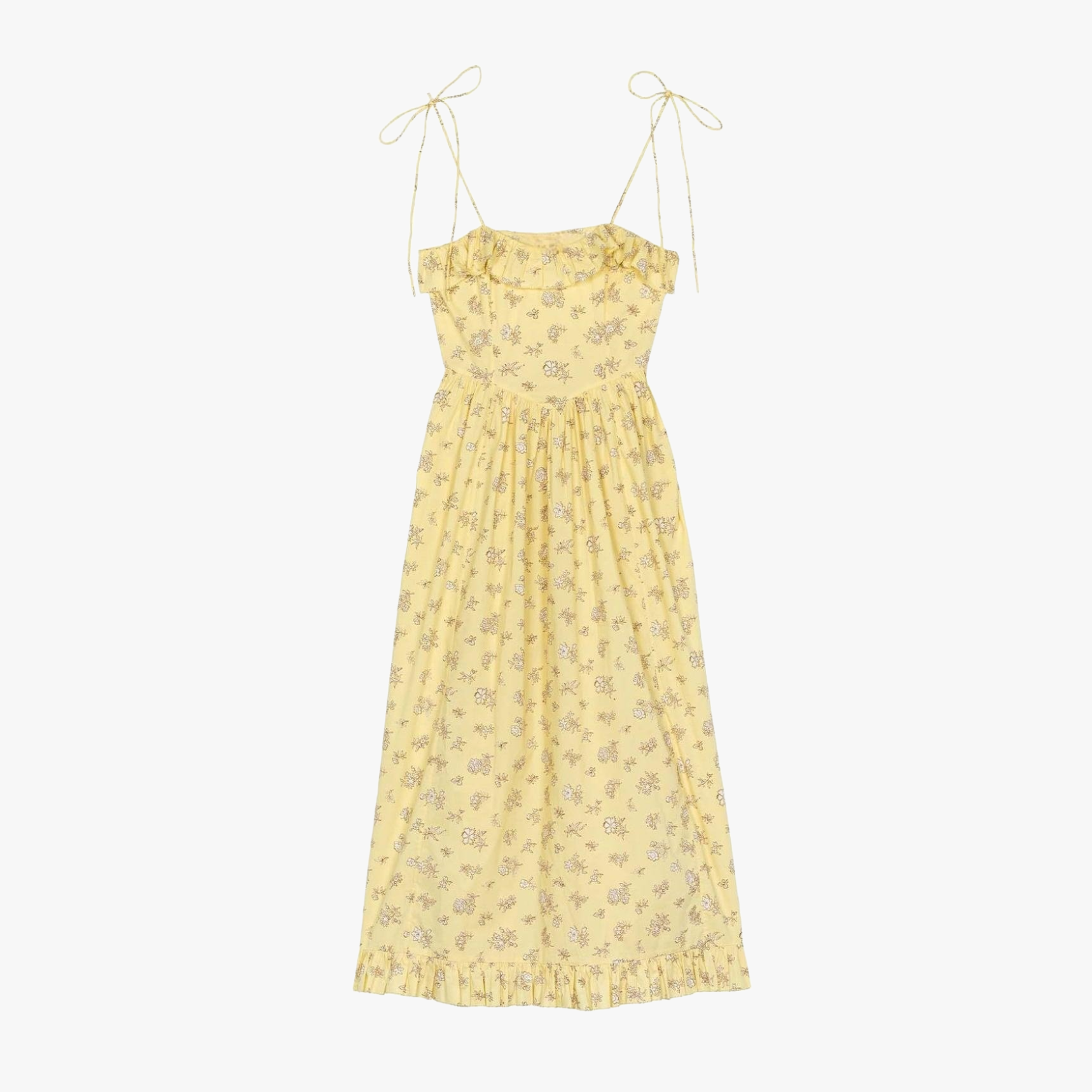 Women's Yellow Floral Cotton Midi Dress – Ruffled Trim, Spaghetti Strap-81012-bafc7aad-2e83-4ae0-bc8d-fcd07ab0e8a7