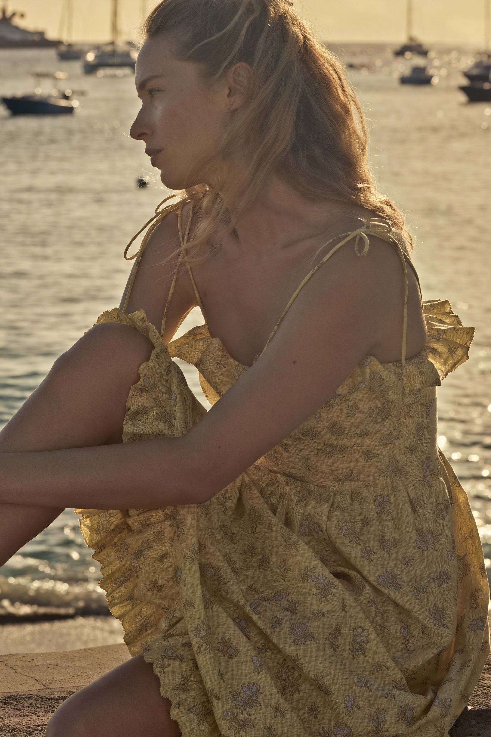 Women's Yellow Floral Cotton Midi Dress – Ruffled Trim, Spaghetti Strap-81012-34492c02-94fa-4be4-ba48-14b48fcedc43