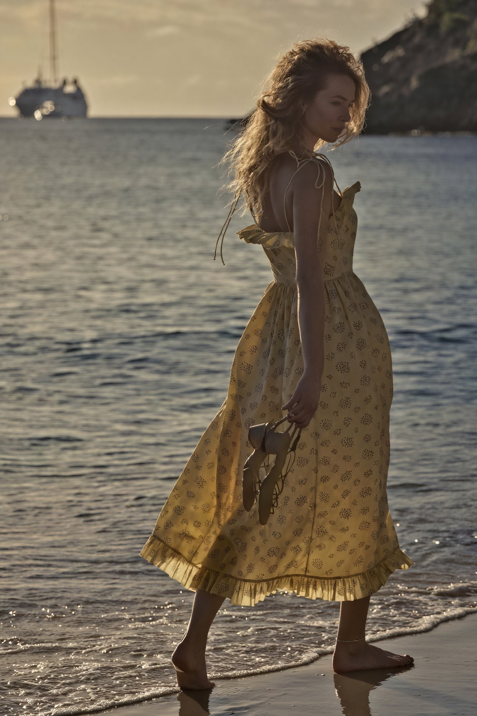 Women's Yellow Floral Cotton Midi Dress – Ruffled Trim, Spaghetti Strap-81012-0befb8f4-31a5-4f9f-8ea8-6a2e9288494e